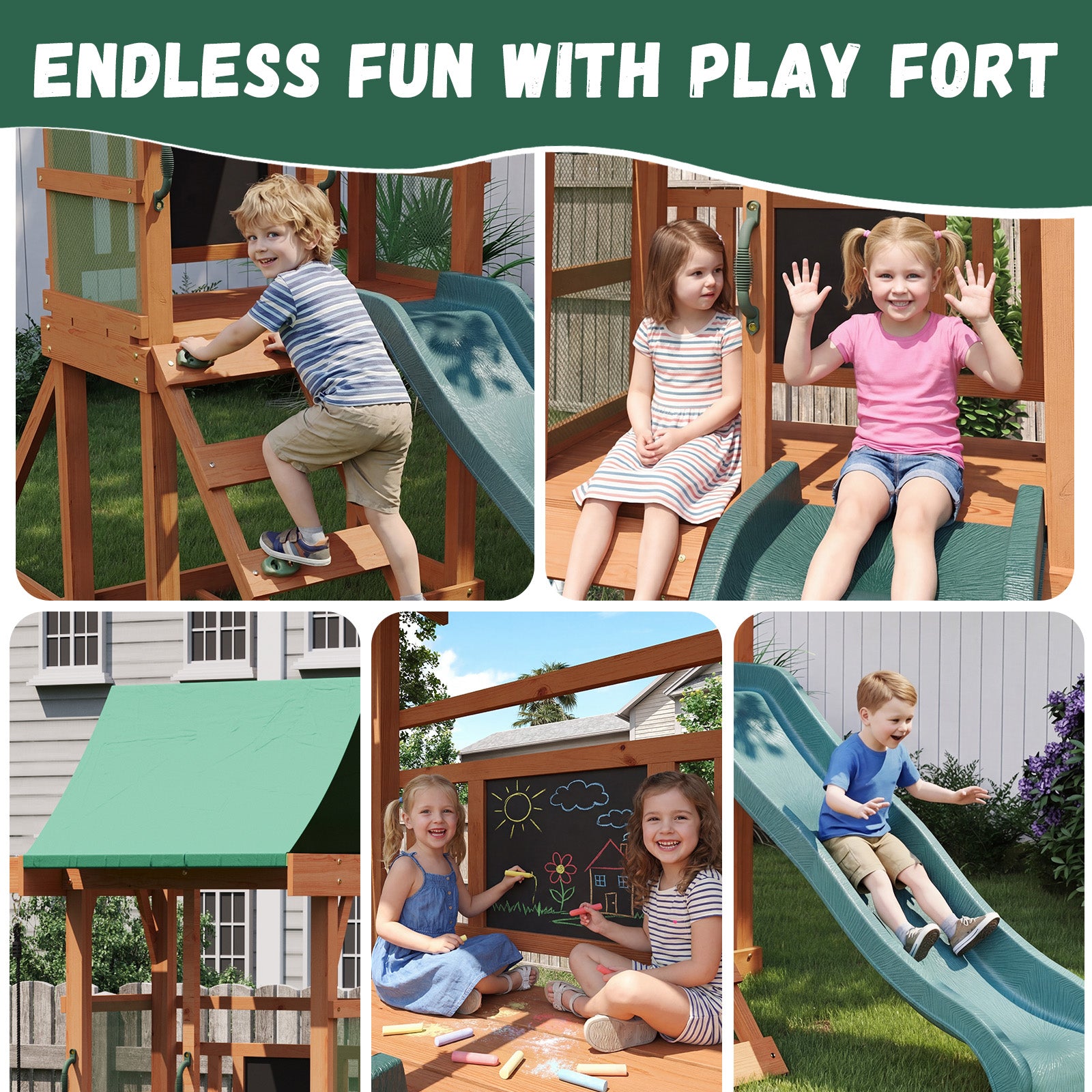 Binplax Wooden Swing Sets for Backyard,Outdoor Playset, Kids Playground Set with 6 FT Wave Slide, Rock Wall Ladder, 2 Belt Swings, Chalkboard, Canopy Roof, Green