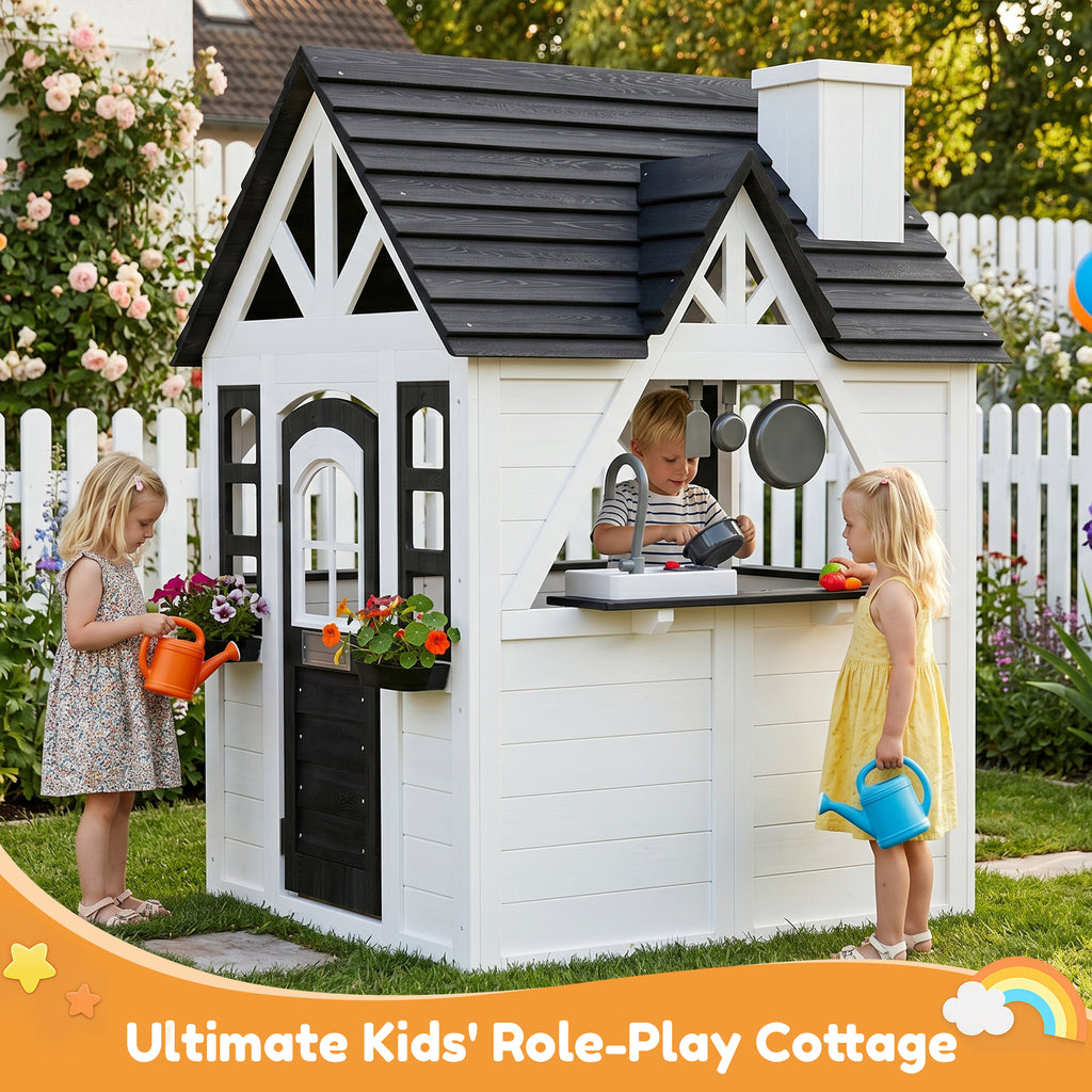 Aoxun Kids Outdoor Playhouse with Play Kitchen,Wooden Play House Playset Outdoor for Kids with Pet Door,Snack Bar,Doorbell, Flower Pots,Stove,Sink,Clock,Toddler Outside Playground for Garden,Backyard