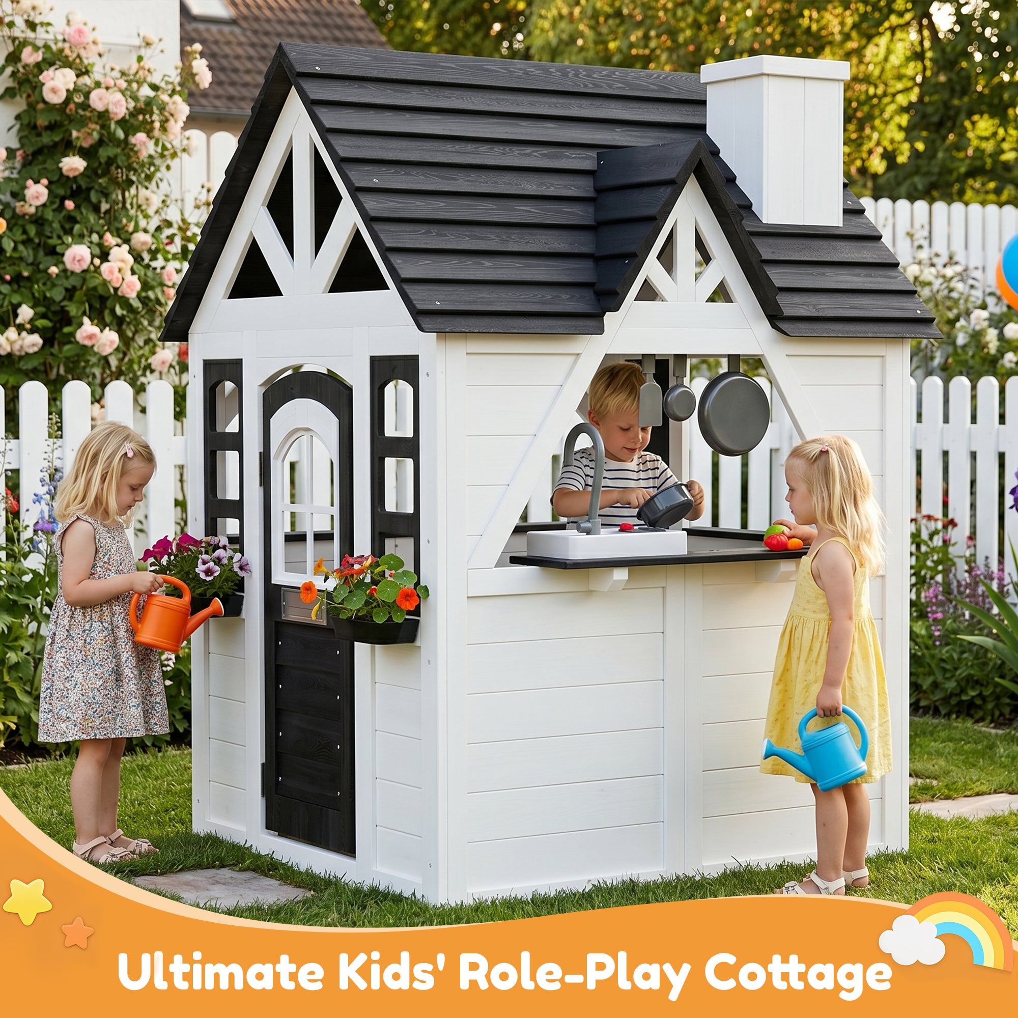 Aoxun Kids Outdoor Playhouse with Play Kitchen,Wooden Play House Playset Outdoor for Kids with Pet Door,Snack Bar,Doorbell, Flower Pots,Stove,Sink,Clock,Toddler Outside Playground for Garden,Backyard