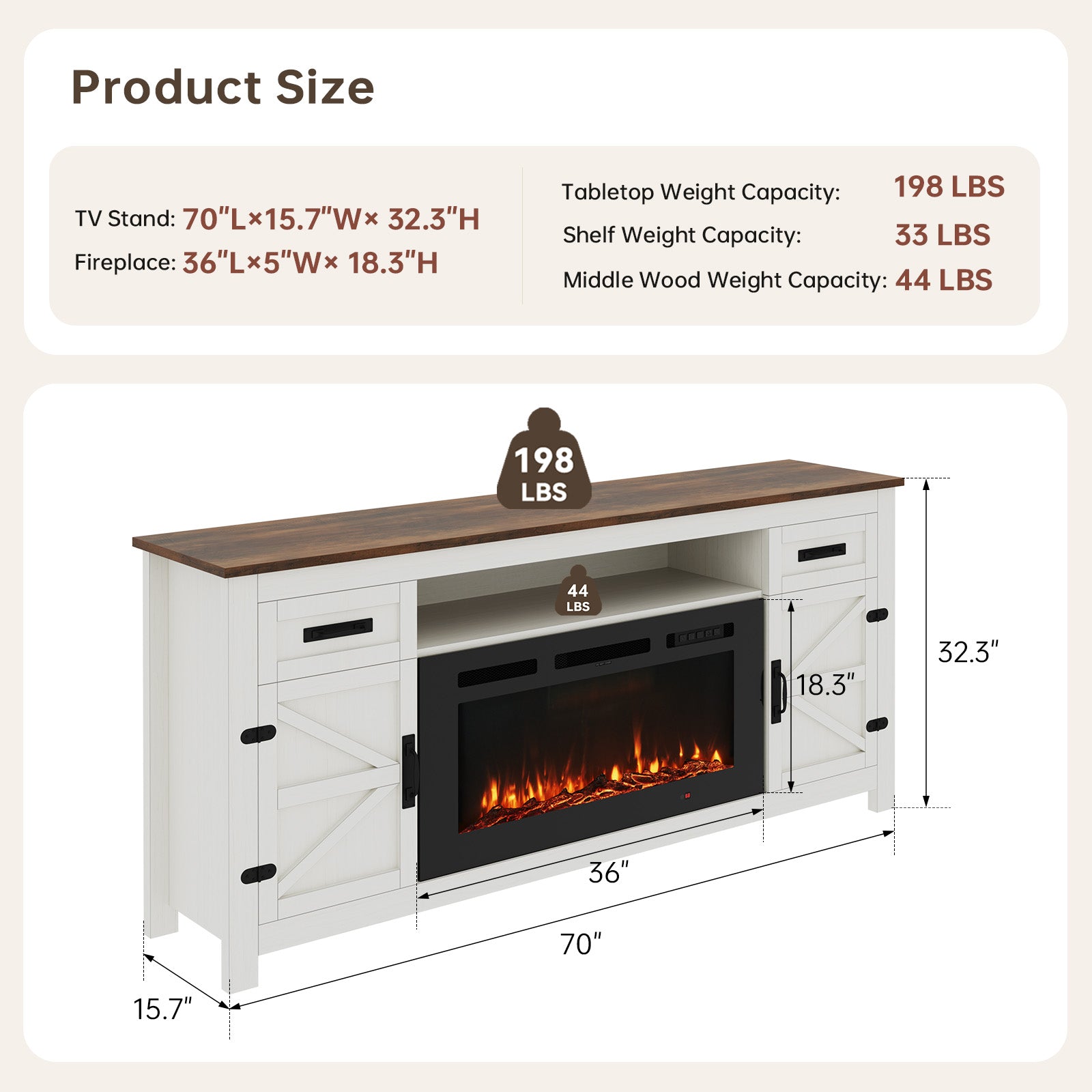 Nordivale Fireplace TV Stand with Barn Door for TVs up to 80", Farmhouse 70" Fireplace Entertainment Center with Storage Cabinets, White & Black