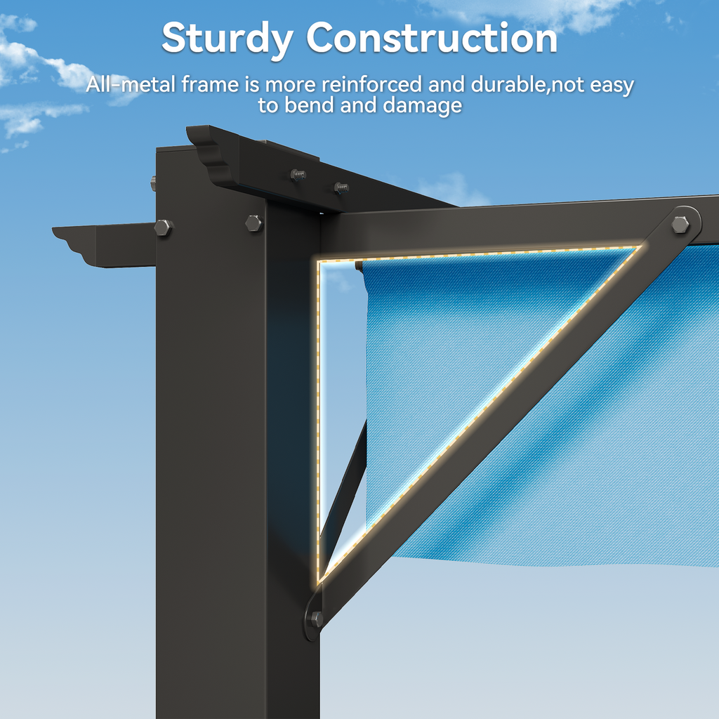 Aoxun 10x12 Outdoor Retractable Pergola with Upgraded Adjustable Canopy, Sliding Canopy | Powder-Coated Metal Frame | UV/Water-Resistant PA Canopy | Free-Standing Design | Blue