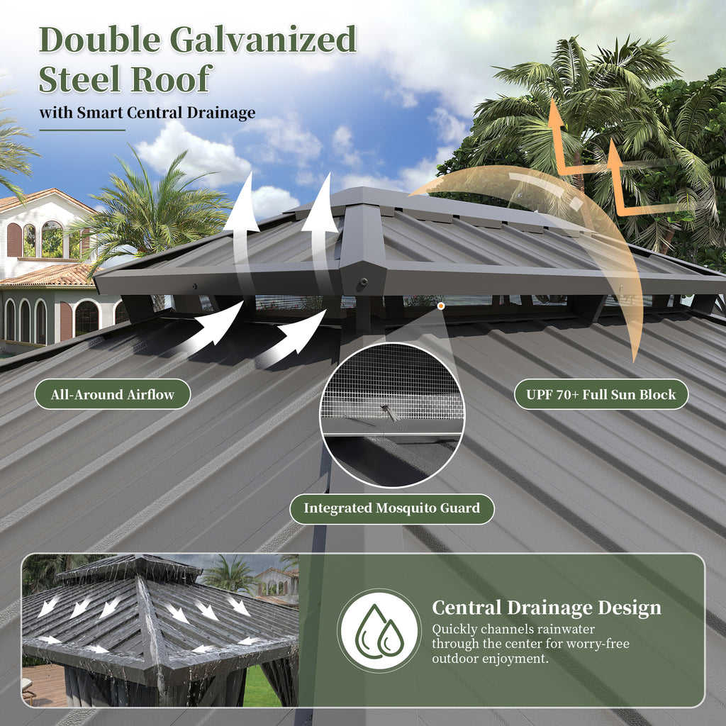 Aoxun 10'x12' Hardtop Gazebo with 4 LED Lights, Outdoor Gazebo with Galvanized Steel Double Roof, Patio Gazebo with Breathable Netting & Privacy Curtain, Decor Hooks for Backyard, Gray
