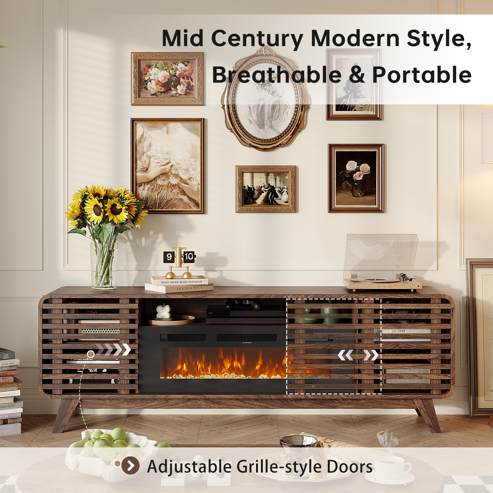 Fireplace TV Stand for 80” TVs, Mid Century Modern Entertainment Center with 36" Electric Fireplace and Led Lights, Wood Media Console with Slatted Sliding Doors, for Living Room, Walnut