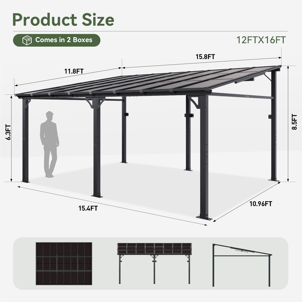 Binplax 16x10 Lean to Gazebo with Polycarbonate Panel Wall Mounted Gazebo with Aluminum Top Frame Awing for Patio, Deck, Garden