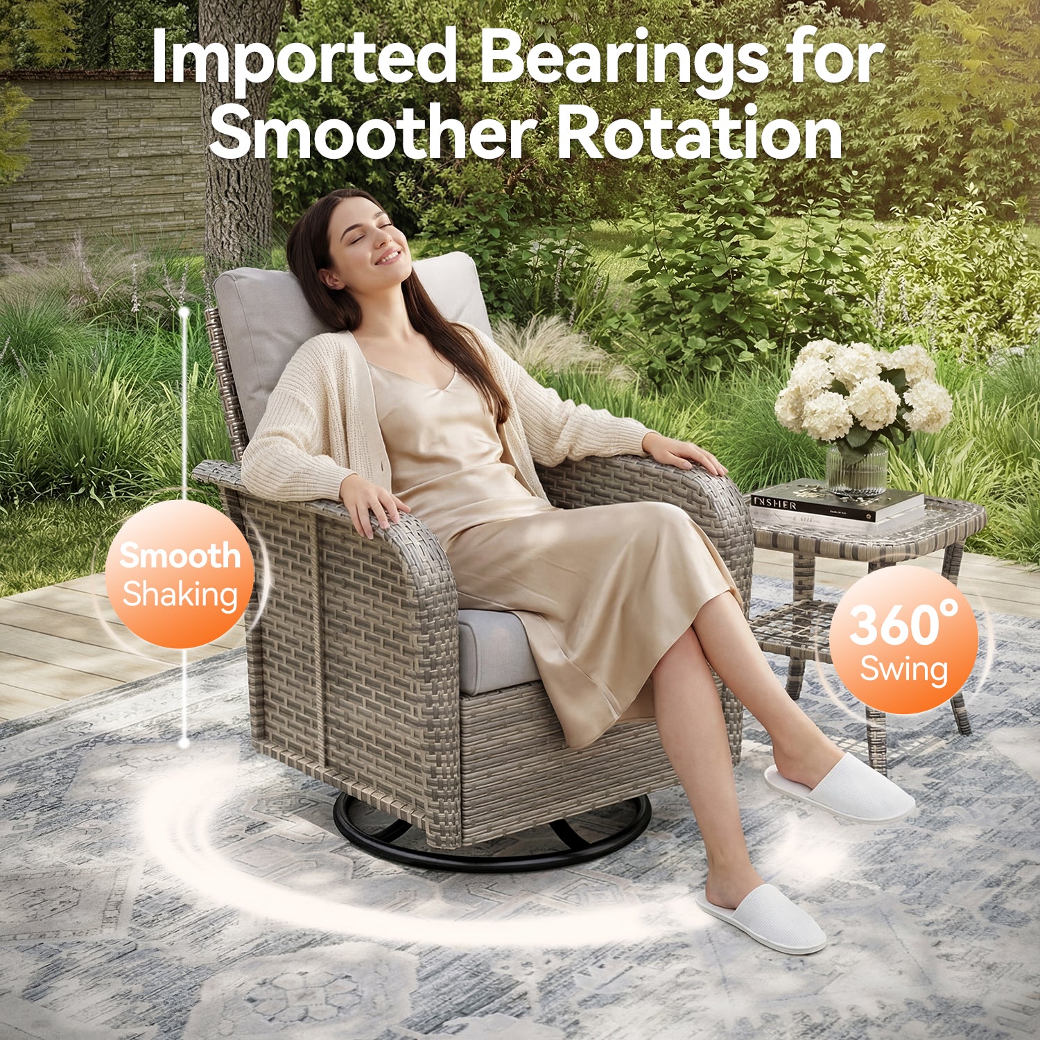 Aoxun Luxury 12-Piece Patio Furniture Set with 44'' Fire Pit Table, 360° Swivel Chairs, Wicker Rattan Sofa & Thick Cushions, Outdoor Conversation Set for Backyard, Poolside & Garden, Beige/Gray