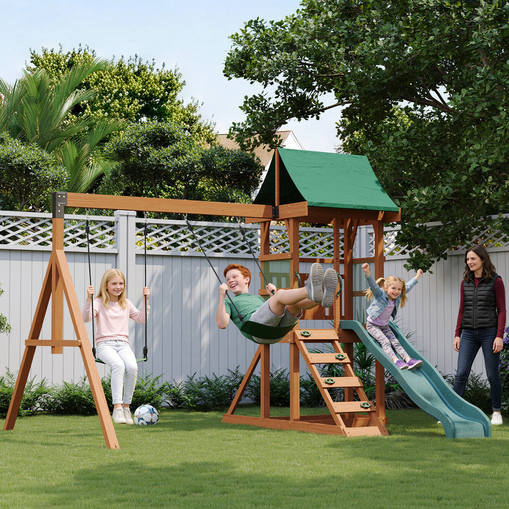 SunSwell Wood Swing Sets for Backyard - Playground Sets for Backyards, Outdoor Playset with Wave Slide, Play Deck, Rock Wall Ladder, Belt Swings, Chalkboard, Canopy Roof