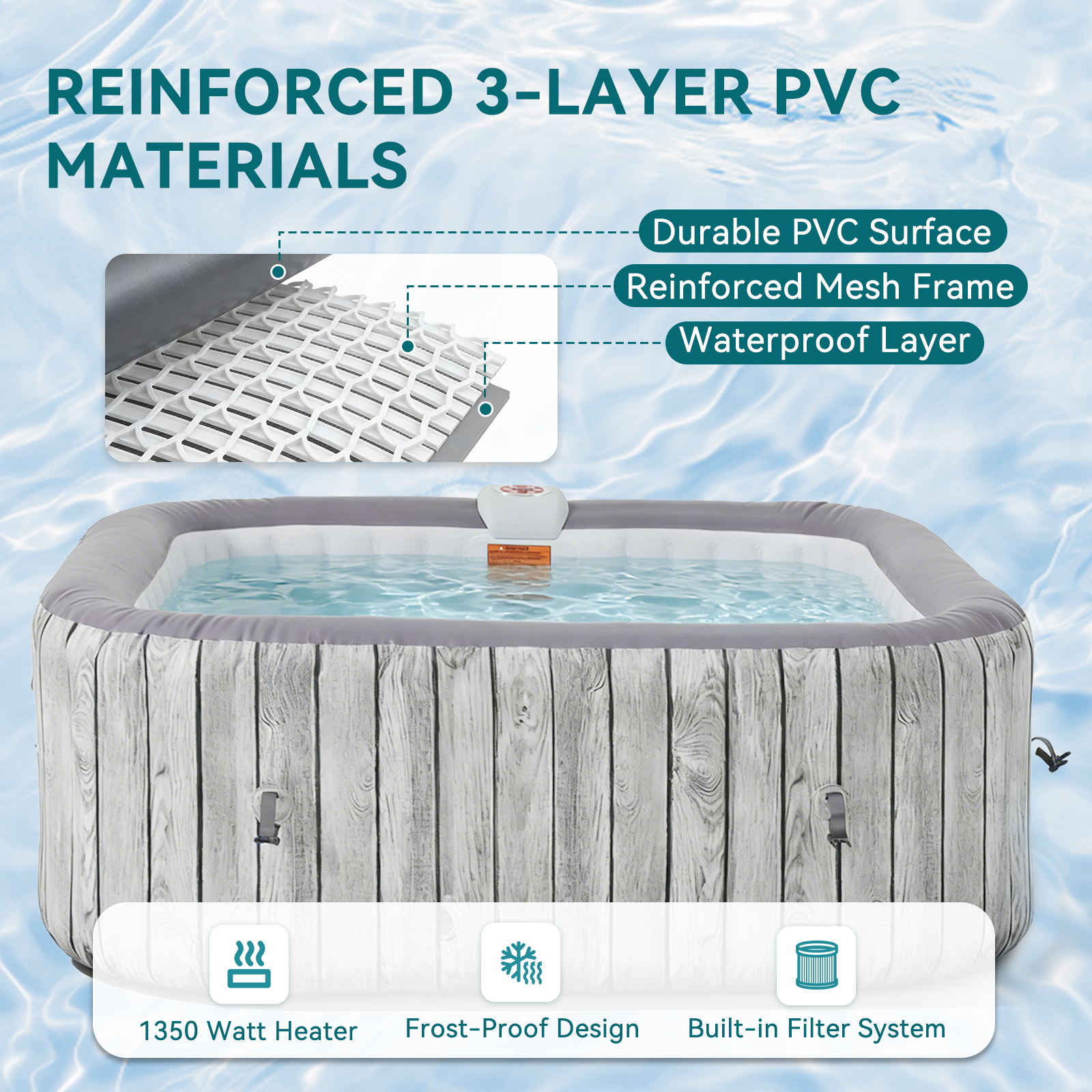 SunSwell Inflatable Hot Tub 4-6 Person, Portable Outdoor Spa with 130 Air Jets, Heater Pump and Filter System, Blow Up PVC Hot Tub for Backyard, Patio
