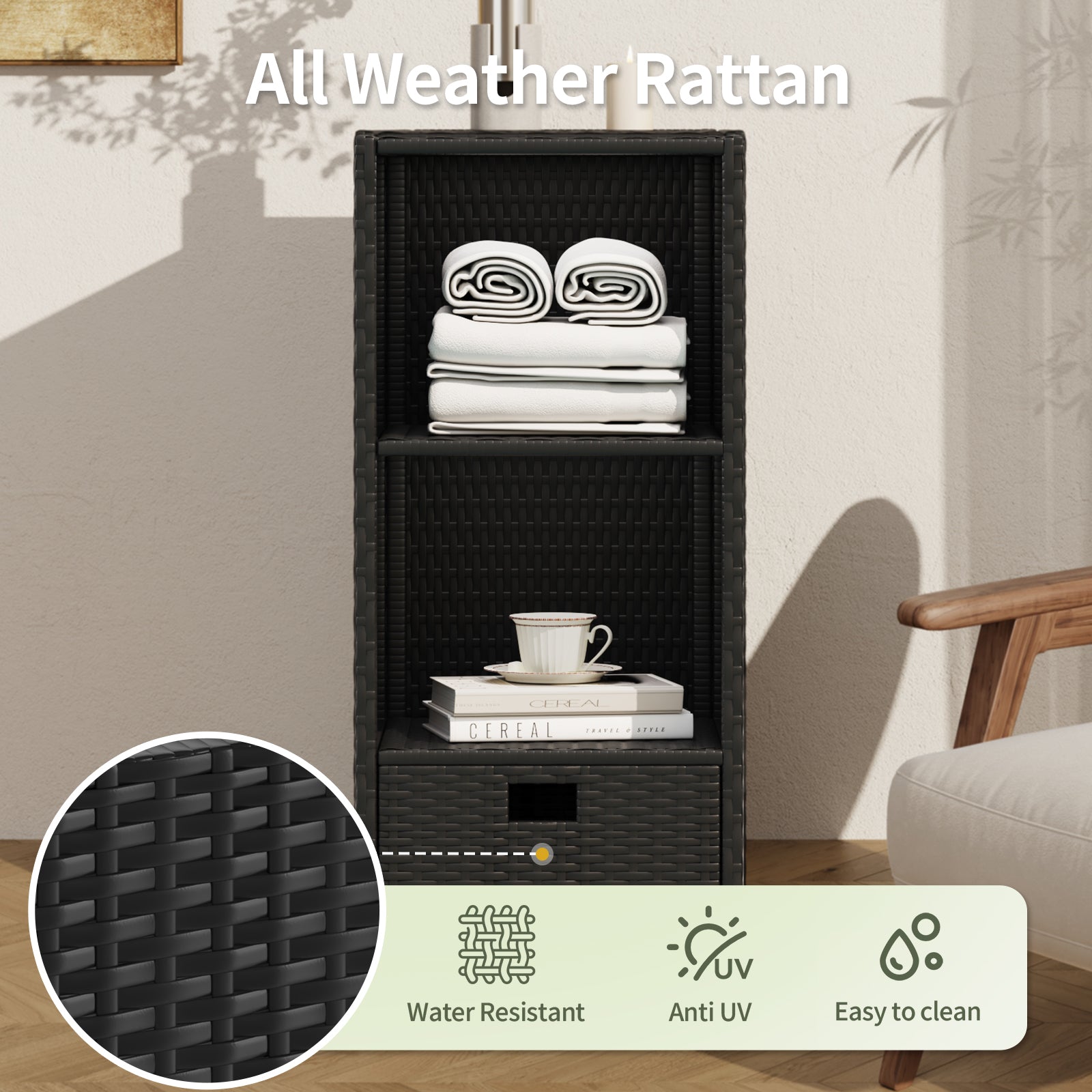 SunSwell Rattan Outdoor Pool Towel Rack Cabinet, Wicker Pool Storage Bins Storage Organizer, 2 Layer Shelf Hot Tub Spa Accessories