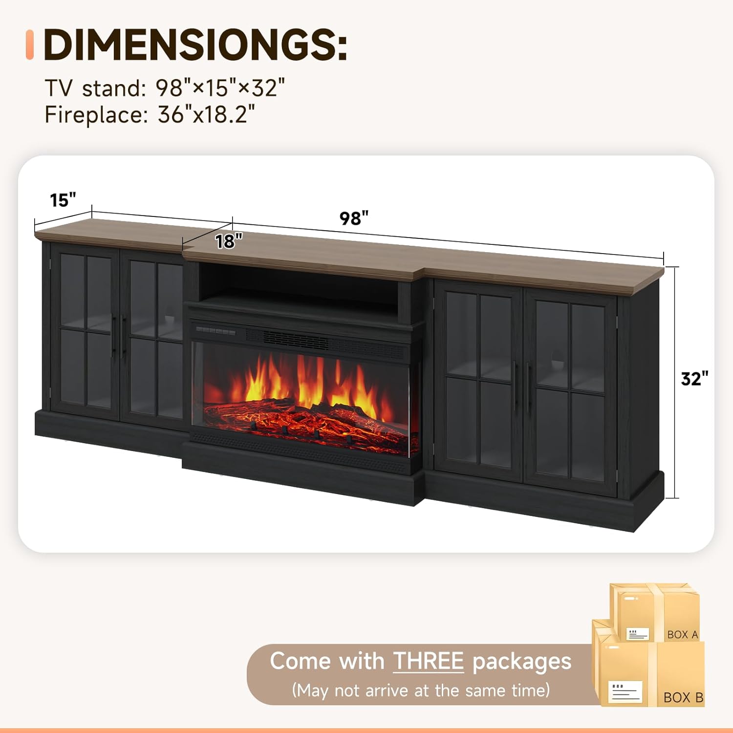 Breezestival 98" Farmhouse TV Stand with 36" Fireplace for Living Room,Media Entertainment Center with Adjustable Shelves and Large Storage Cabinets, TVs up to 100", Black
