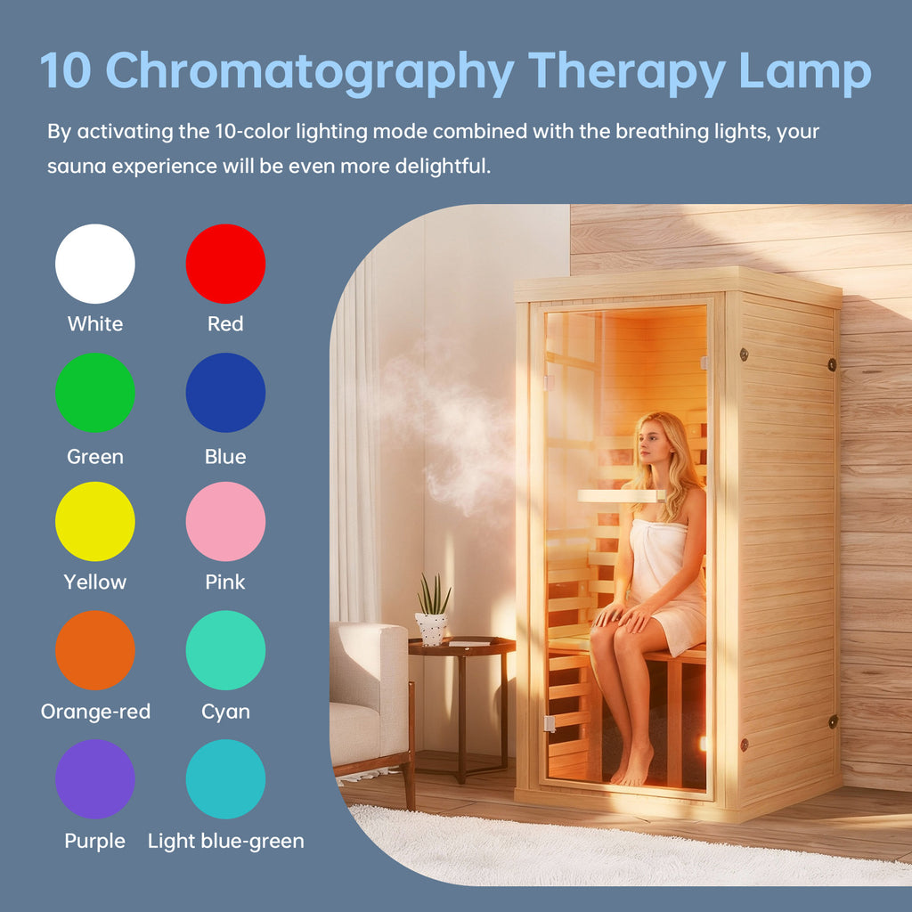 SunSwell Wood Infrared Sauna Room, 1 Person Traditonal Sauna with Red Light|Canadian Hemlock Indoor Dry Sauna Room for Low EMF with Bluetooth Speakers and Cup Holder