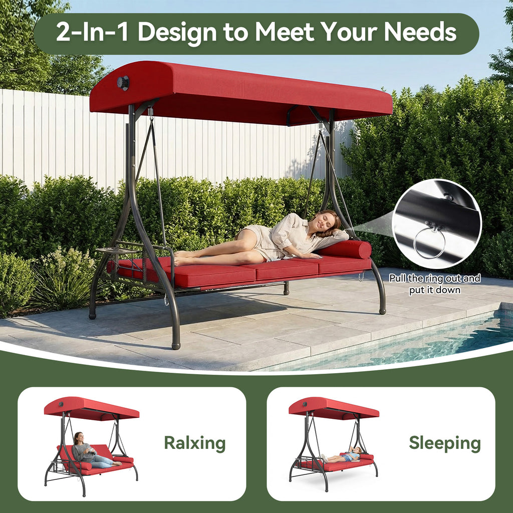 Aoxun Outdoor Porch Swing with Stand and Canopy, 3 Seats Outdoor Swings for Adults, Convertible 2 in 1 Swing Bed with Cup Holder, Patio Swings with Thicken Cushions for Garden, Yard & Balcony
