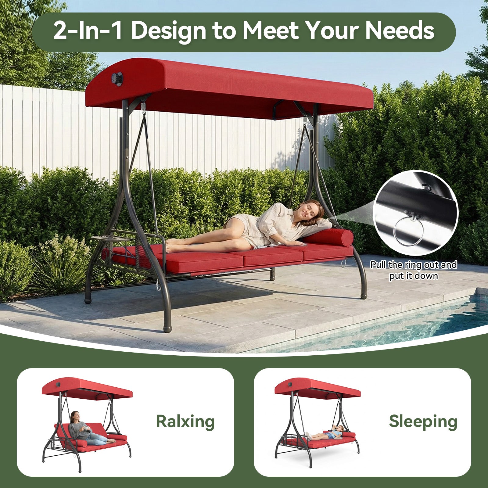 Aoxun Outdoor Porch Swing with Stand and Canopy, 3 Seats Outdoor Swings for Adults, Convertible 2 in 1 Swing Bed with Cup Holder, Patio Swings with Thicken Cushions for Garden, Yard & Balcony