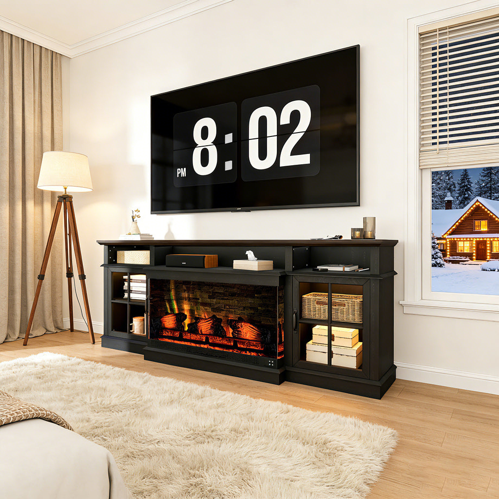 70 inch Fireplace TV Stand for TVs up to 80" with Electric Fireplace, Farmhouse Media Entertainment Center with LED Lights and Glass Door, Modern TV Consoles for Living Room, Black