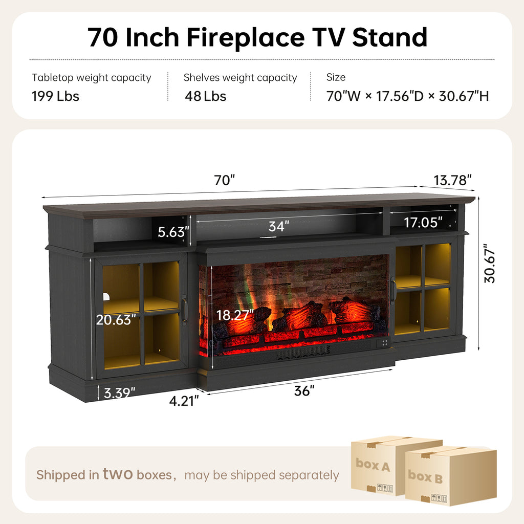 70 inch Fireplace TV Stand for TVs up to 80" with Electric Fireplace, Farmhouse Media Entertainment Center with LED Lights and Glass Door, Modern TV Consoles for Living Room, Black
