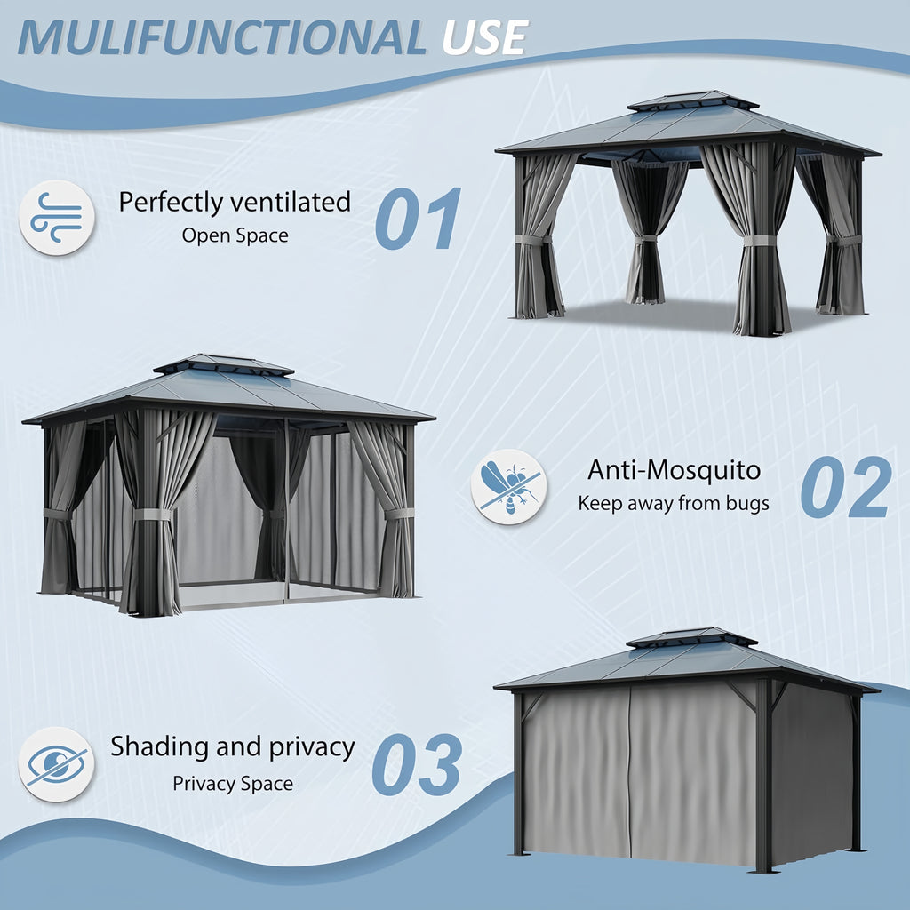 Breezestival 10'x12' Hardtop Gazebo Outdoor Permanent Gazebo with Double Polycarbonate Roof Canopy, Aluminum Frame Permanent Pavilion with Curtains and Netting for Patio,Garden,Lawns