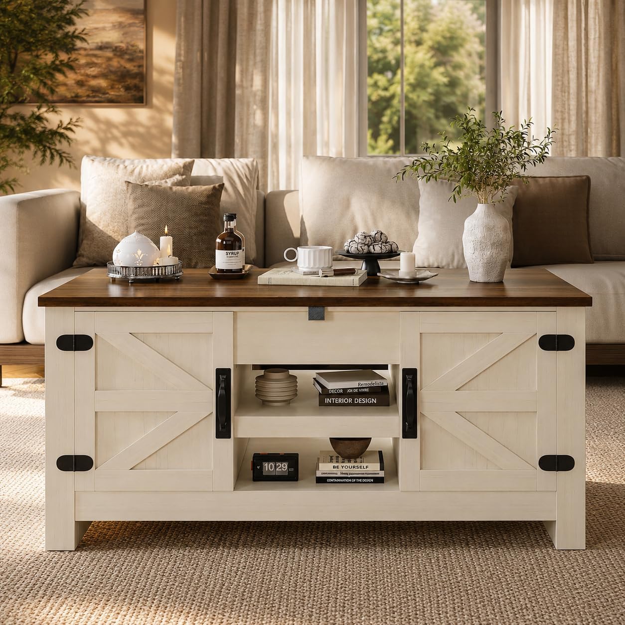 Farmhouse Lift Top Coffee Table with Barn Door, 48” Rustic Center Table for Living Room, Coffee Table with Hidden Storage Compartment, White