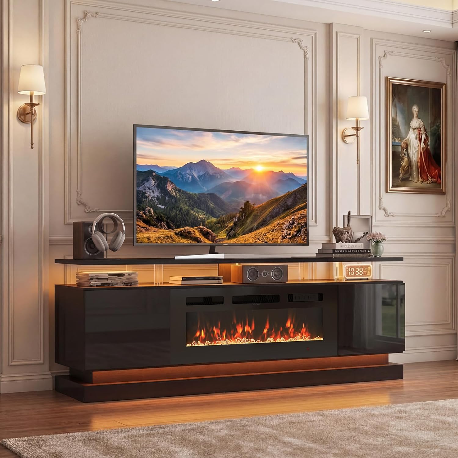 Breezestival 70" Fireplace TV Stand for TVs up to 80", Modern Entertainment Center with Black Fireplace and Storage, White