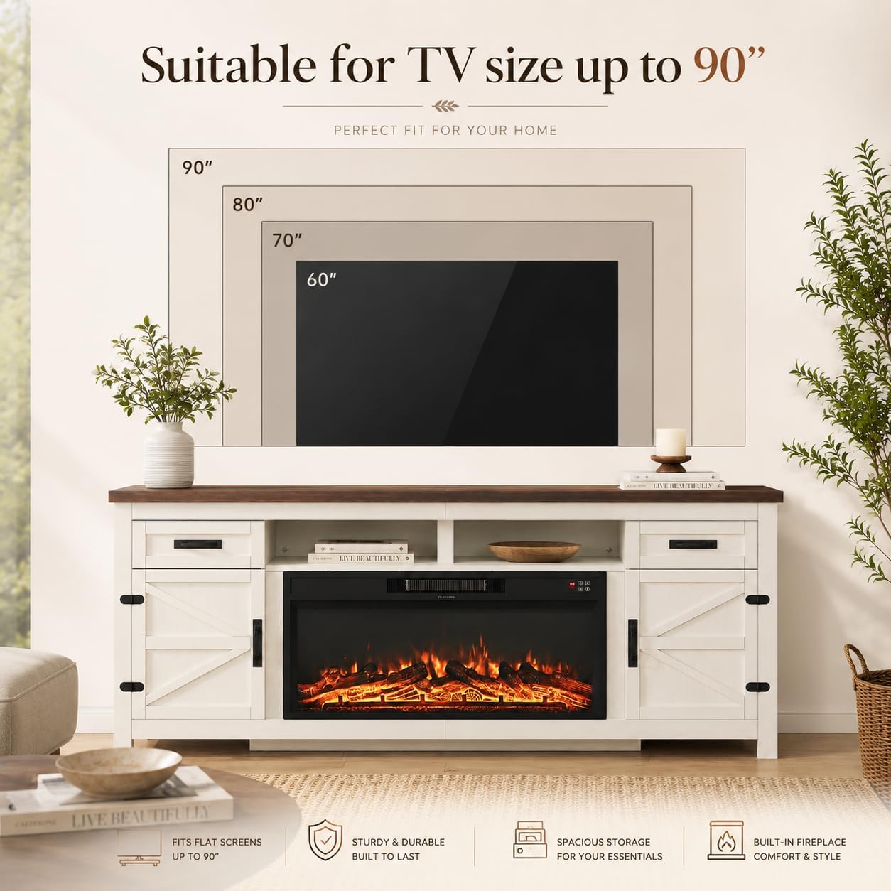 Nordivale Fireplace TV Stand with Barn Door, Farmhouse Fireplace Entertainment Center with Electric Fireplace and Storage for Living Room, 80inch, White