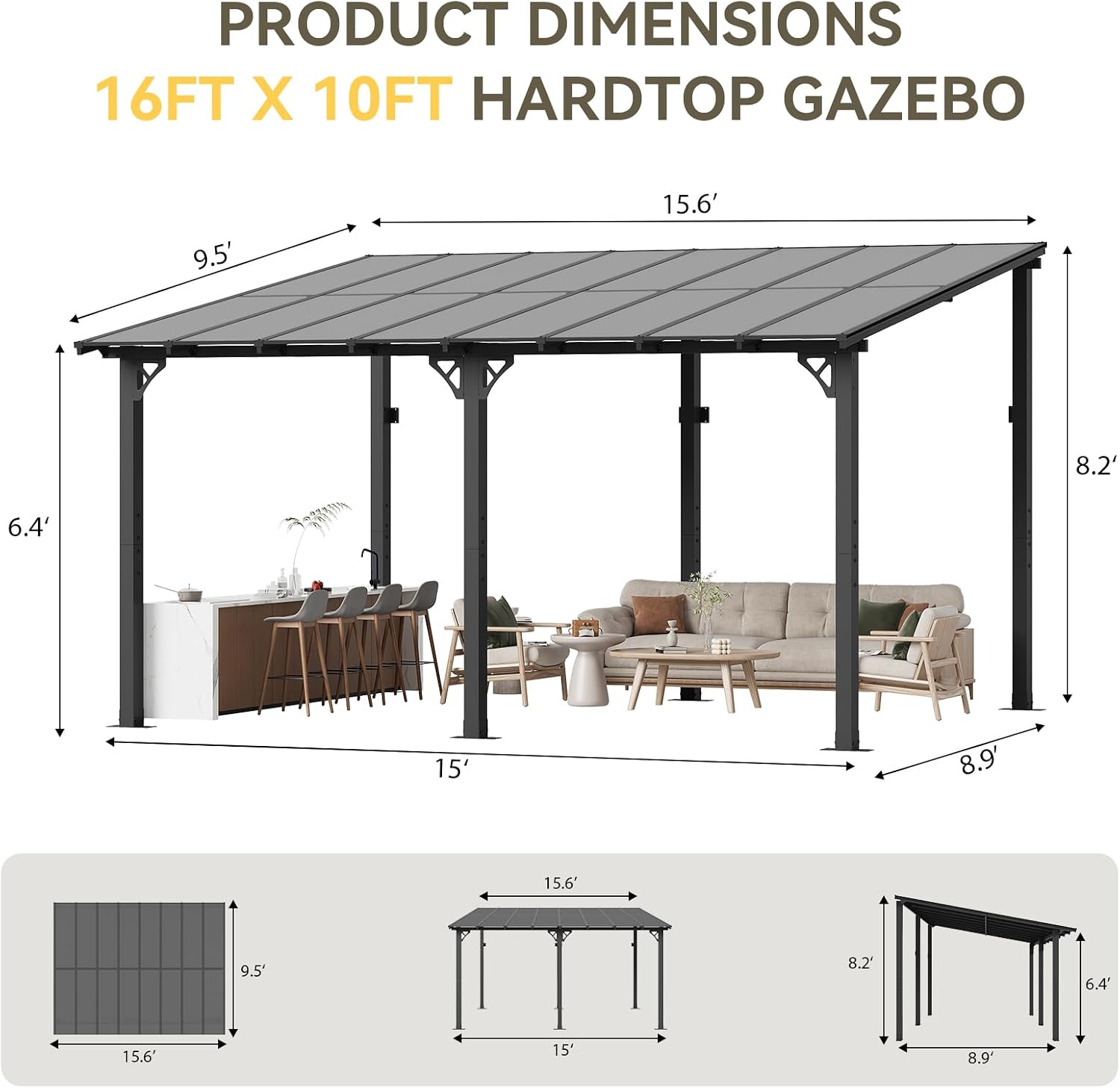 Aoxun 16’x10’ Gazebo for Patio, Gazebo Pergola with Sloped Roof, Black