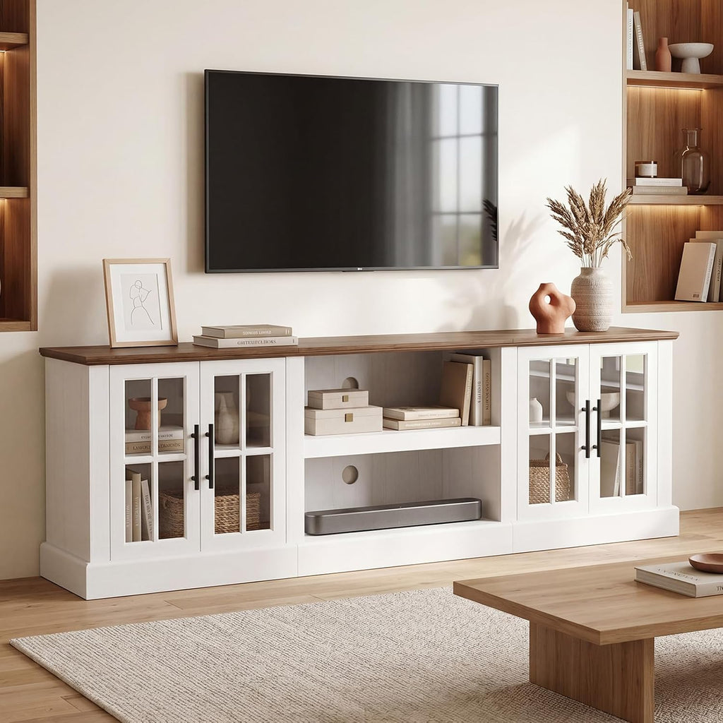 Breezestival 80 Inch Farmhouse TV Stand for TVs up to 90", Media Entertainment Center with Adjustable Shelves and Large Storage Cabinets, for Living Room, White