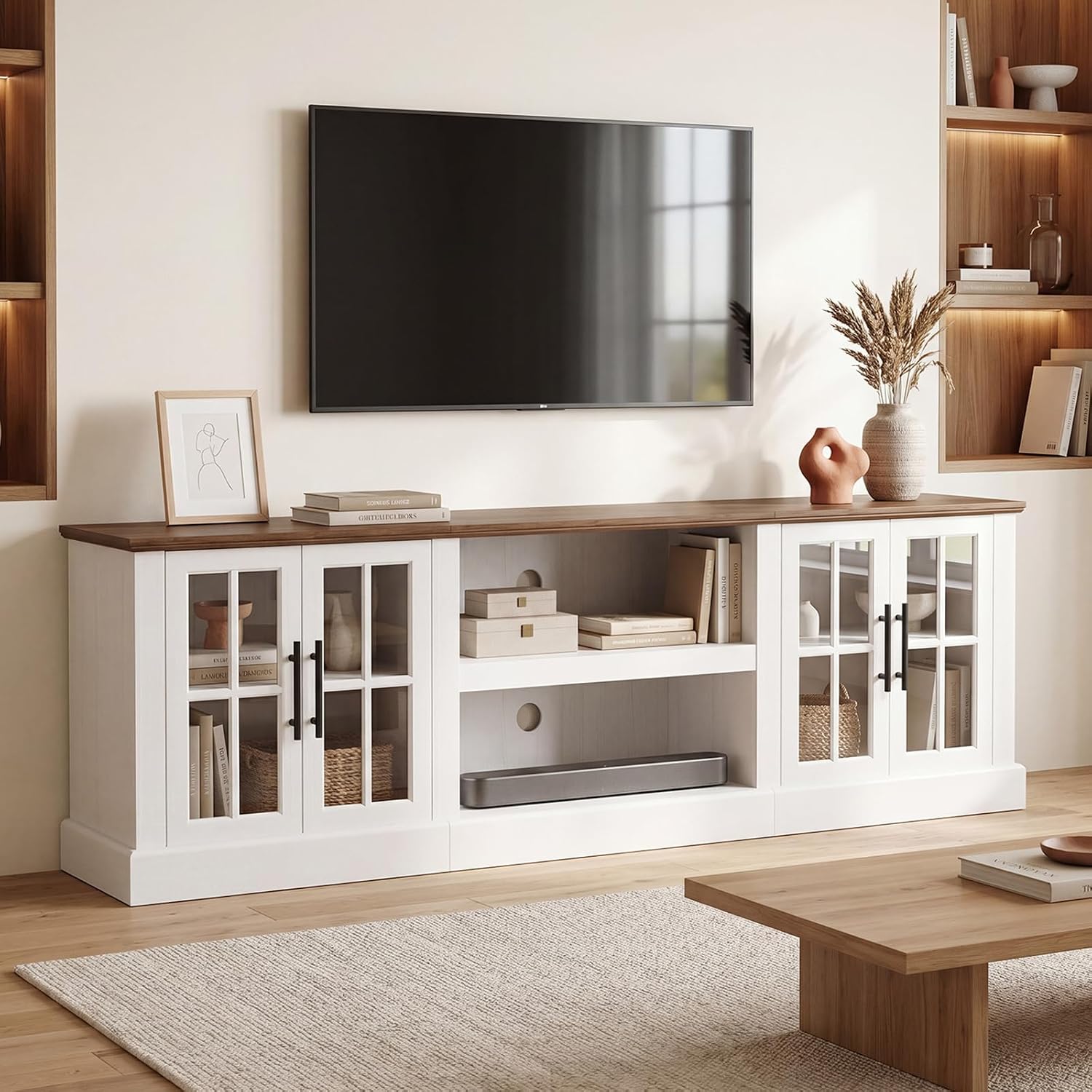Breezestival 80 Inch Farmhouse TV Stand for TVs up to 90", Media Entertainment Center with Adjustable Shelves and Large Storage Cabinets, for Living Room, White