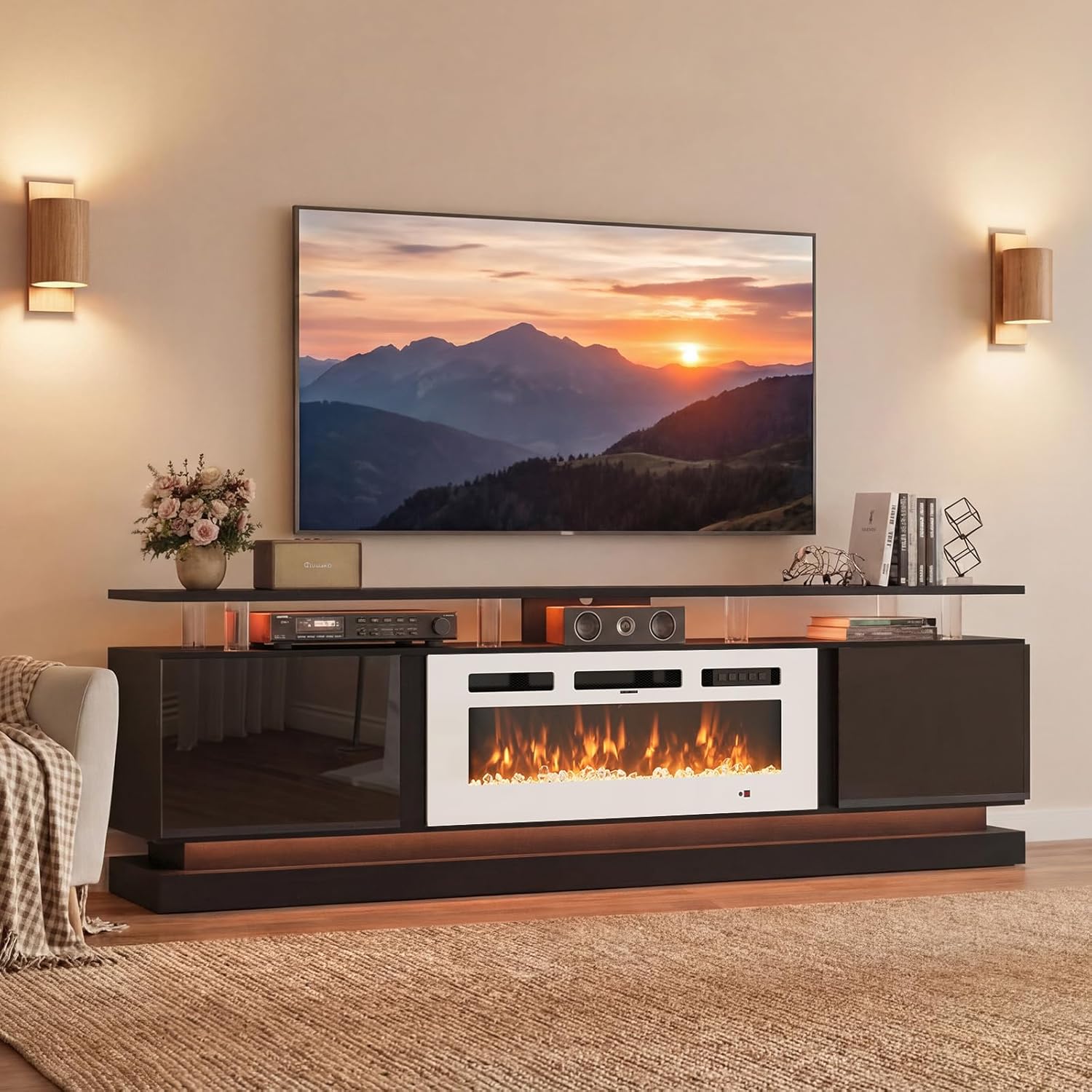 Breezestival 70" Fireplace TV Stand for TVs up to 80", Modern Entertainment Center with Black Fireplace and Storage, White