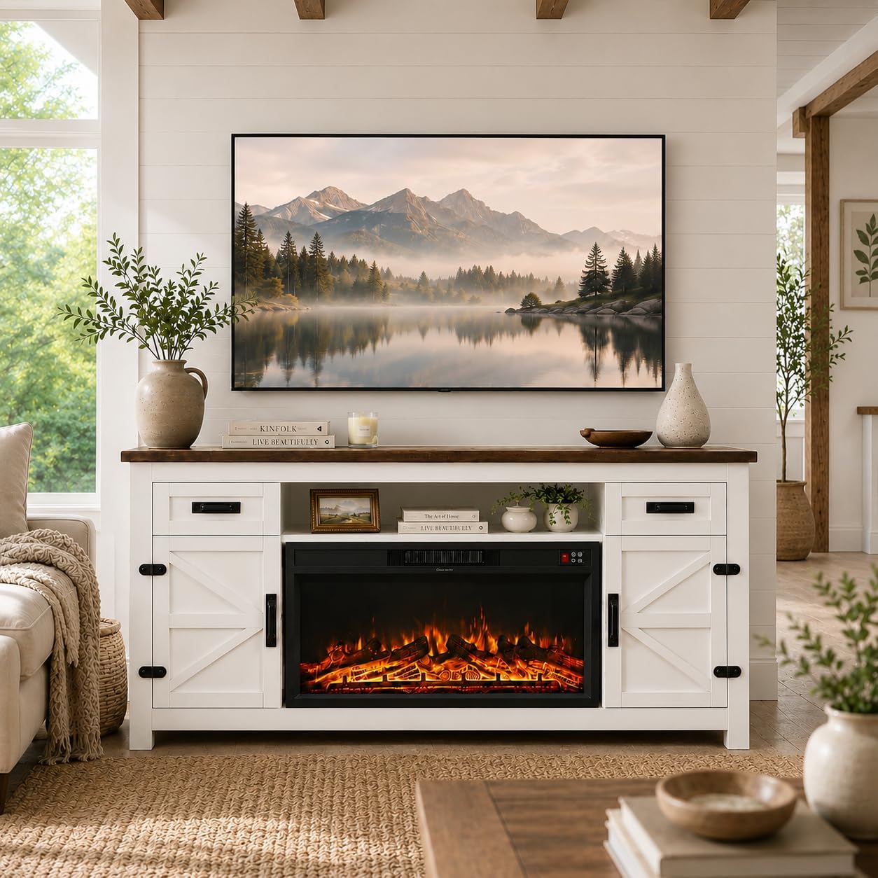 DATEYES Fireplace TV Stand with Barn Door, Farmhouse Entertainment Center with Fireplace, TV Console for Living Room