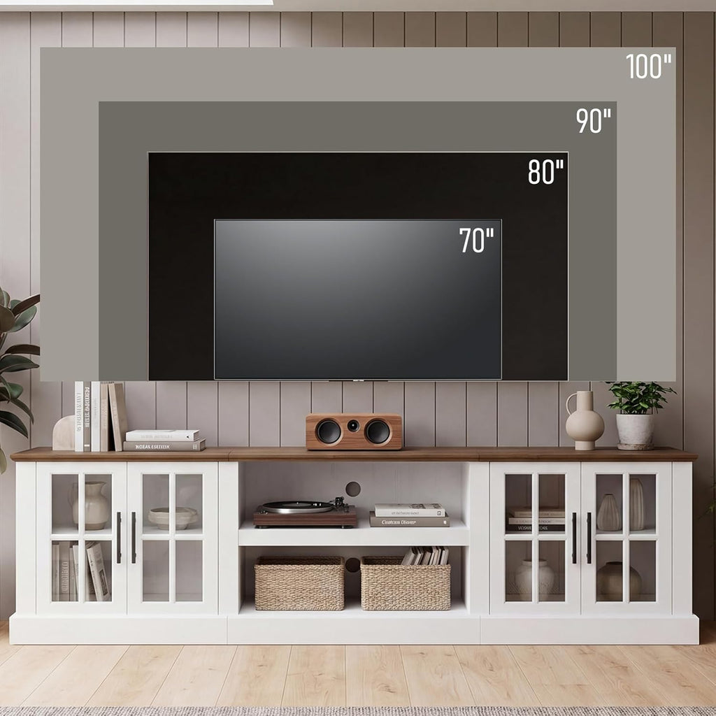 Breezestival 90 Inch Farmhouse TV Stand for TVs up to 100", Media Entertainment Center with Adjustable Shelves and Large Storage Cabinets, for Living Room, White