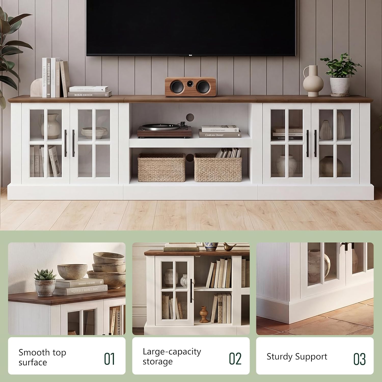 Breezestival 90 Inch Farmhouse TV Stand for TVs up to 100", Media Entertainment Center with Adjustable Shelves and Large Storage Cabinets, for Living Room, White
