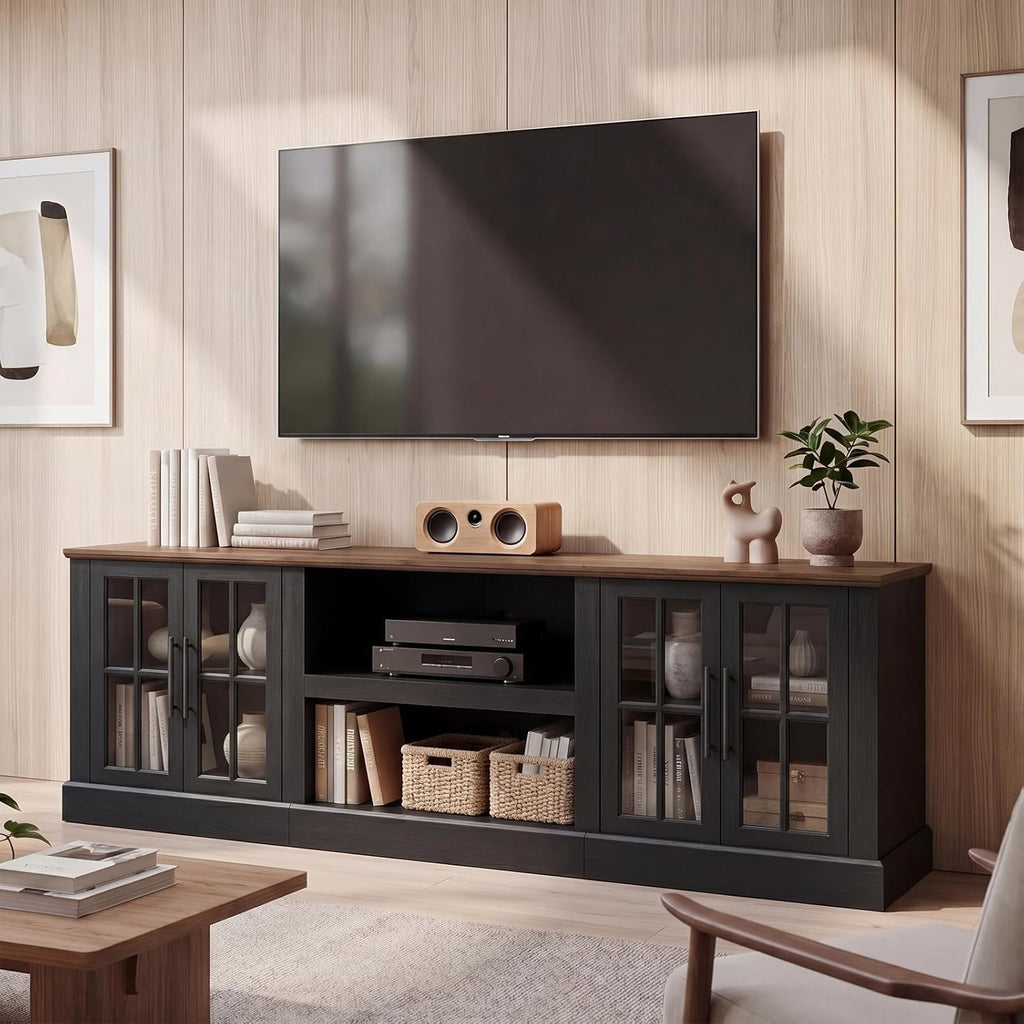 Breezestival 80 Inch Farmhouse TV Stand for TVs up to 90", Media Entertainment Center with Adjustable Shelves and Large Storage Cabinets, for Living Room, Black