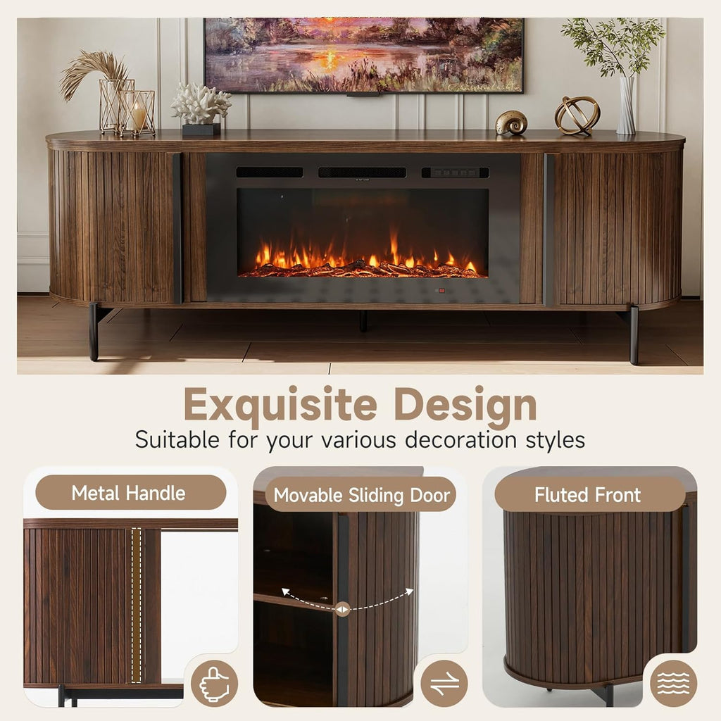 Luxury 70" Fluted TV Stand with Fireplace, Mid Century Modern TV Stand, Entertainment Center for TVs Up to 80", Electric Fireplace TV Console for Living Room with Storage,70 Inch, Brown