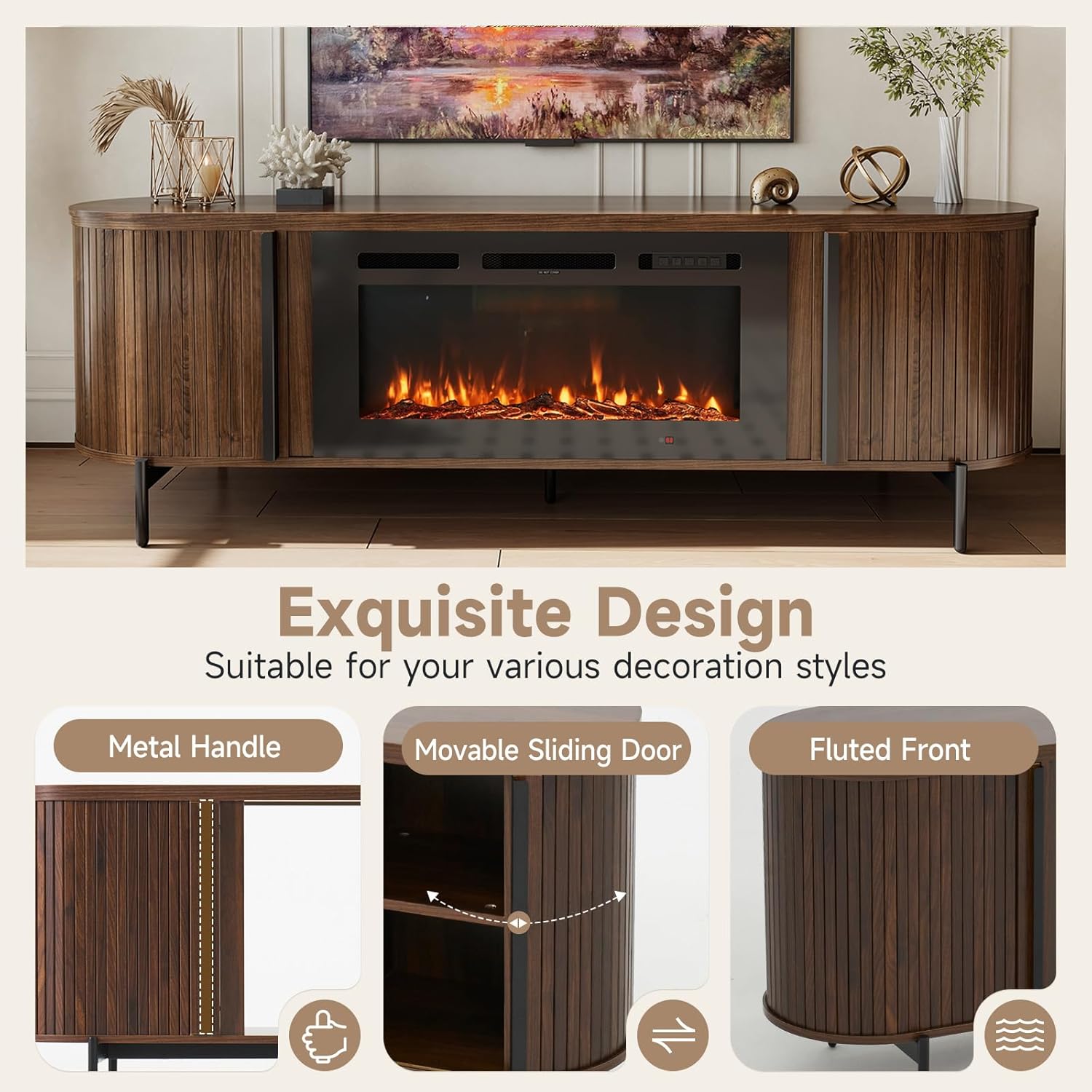 Luxury 70" Fluted TV Stand with Fireplace, Mid Century Modern TV Stand, Entertainment Center for TVs Up to 80", Electric Fireplace TV Console for Living Room with Storage,70 Inch, Brown