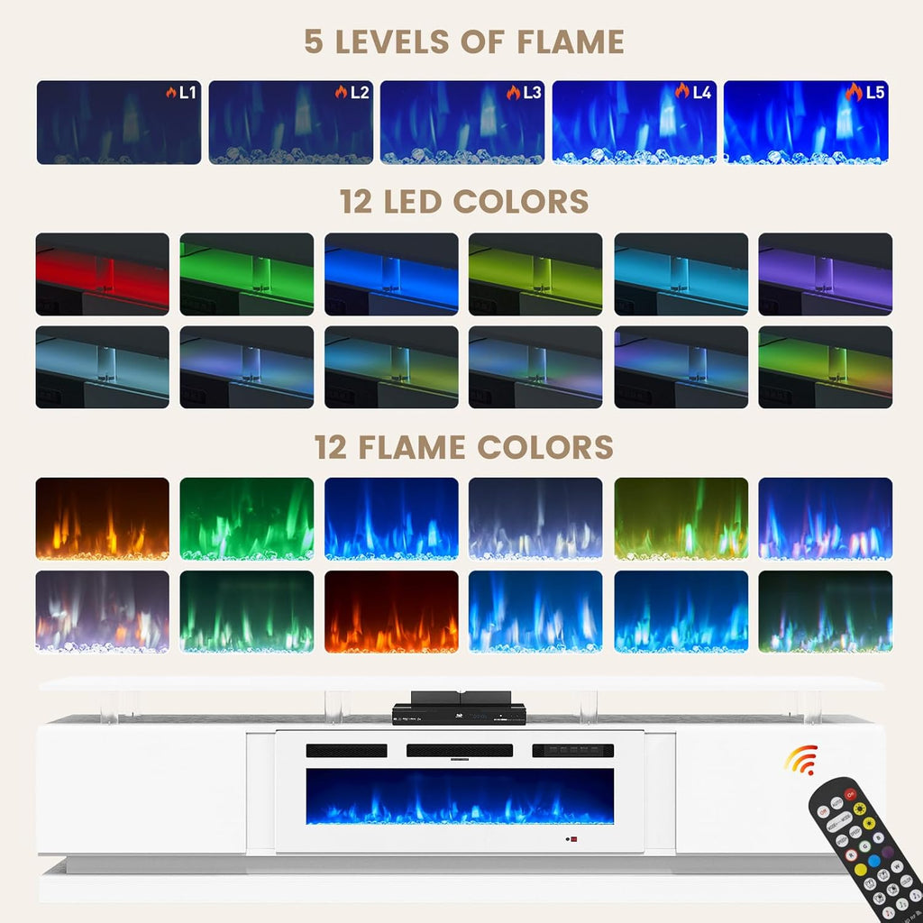 Nordivale 80" Fireplace TV Stand, Modern Entertainment Center for TVs Up to 90", TV Console with Storage Cabinets, Media Console for Living Room, White TV Stand and Black Fireplace
