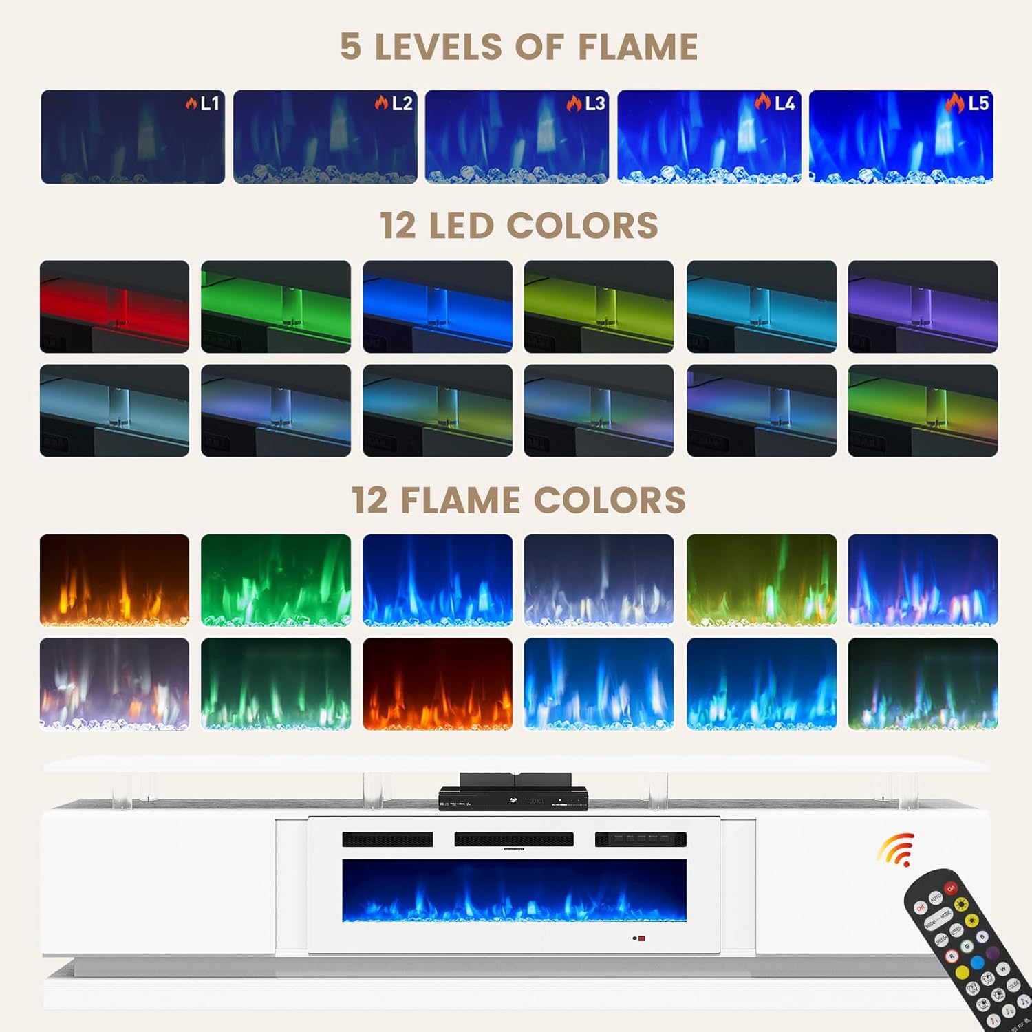 Nordivale 80" Fireplace TV Stand, Modern Entertainment Center for TVs Up to 90", TV Console with Storage Cabinets, Media Console for Living Room, White TV Stand and Black Fireplace