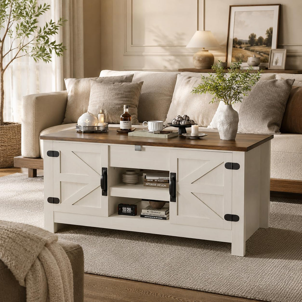 Farmhouse Lift Top Coffee Table with Barn Door, 48” Rustic Center Table for Living Room, Coffee Table with Hidden Storage Compartment, White
