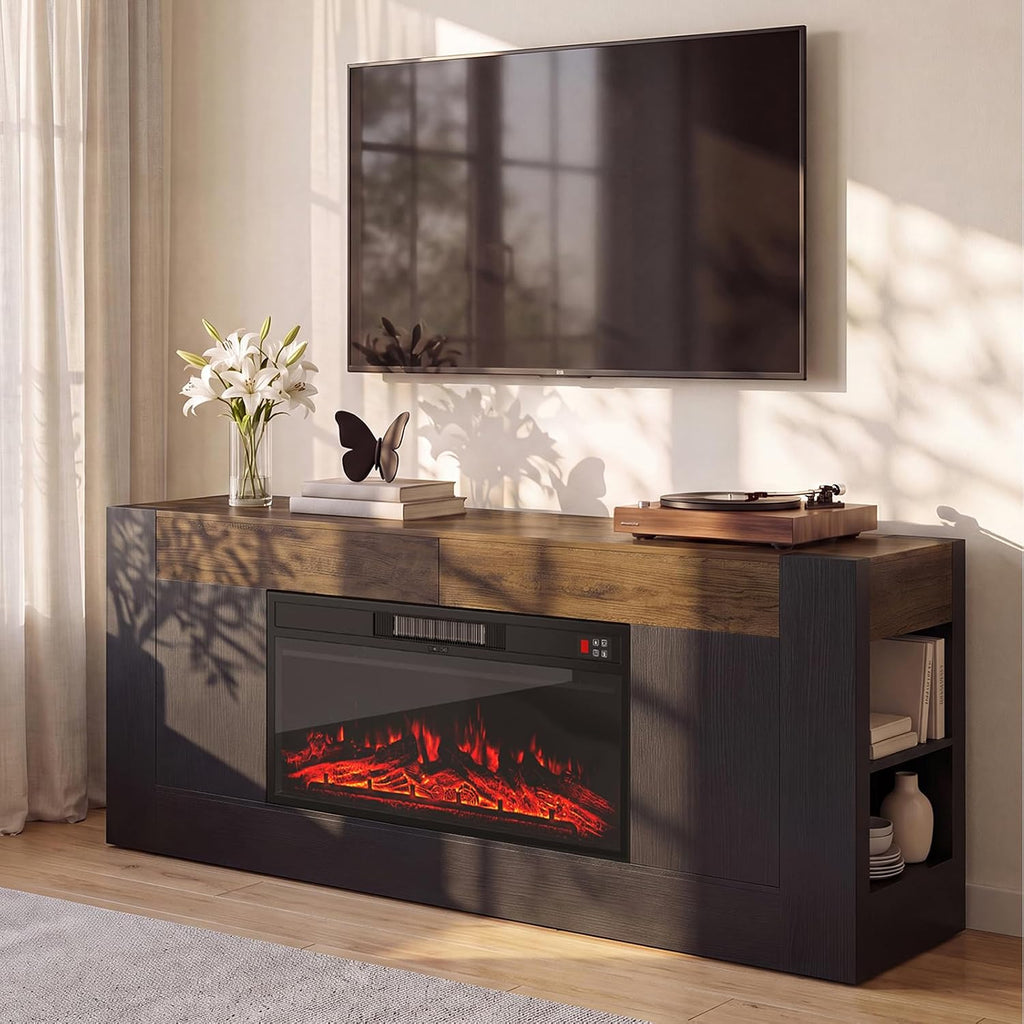 Modern 70 inch TV Stand with Electric Fireplace and Storage, Black | Fireplace Entertainment Center for TVs Up to 80", Media Console with Side Storage, Thick Wood Design for Living Room