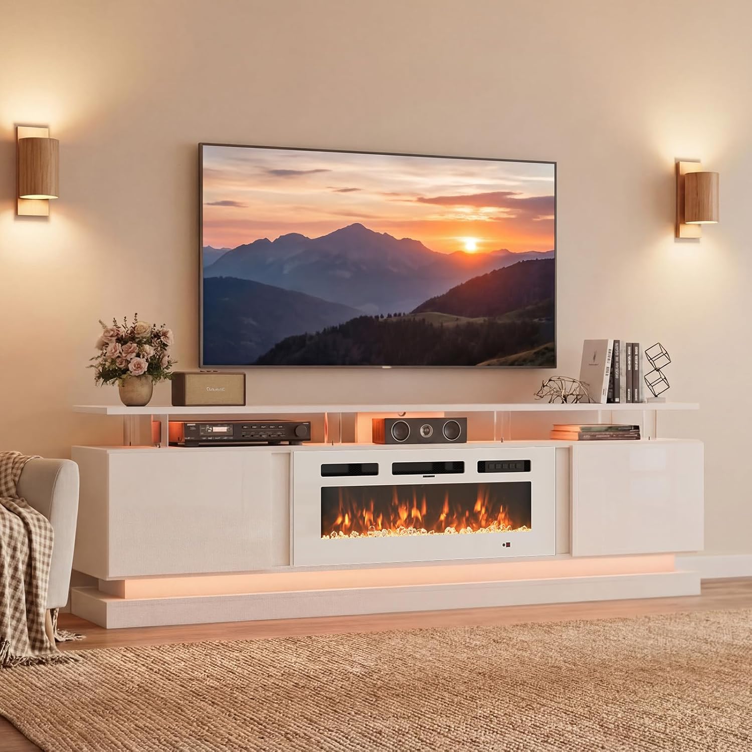 Breezestival 70" Fireplace TV Stand for TVs up to 80", Modern Entertainment Center with Black Fireplace and Storage, White