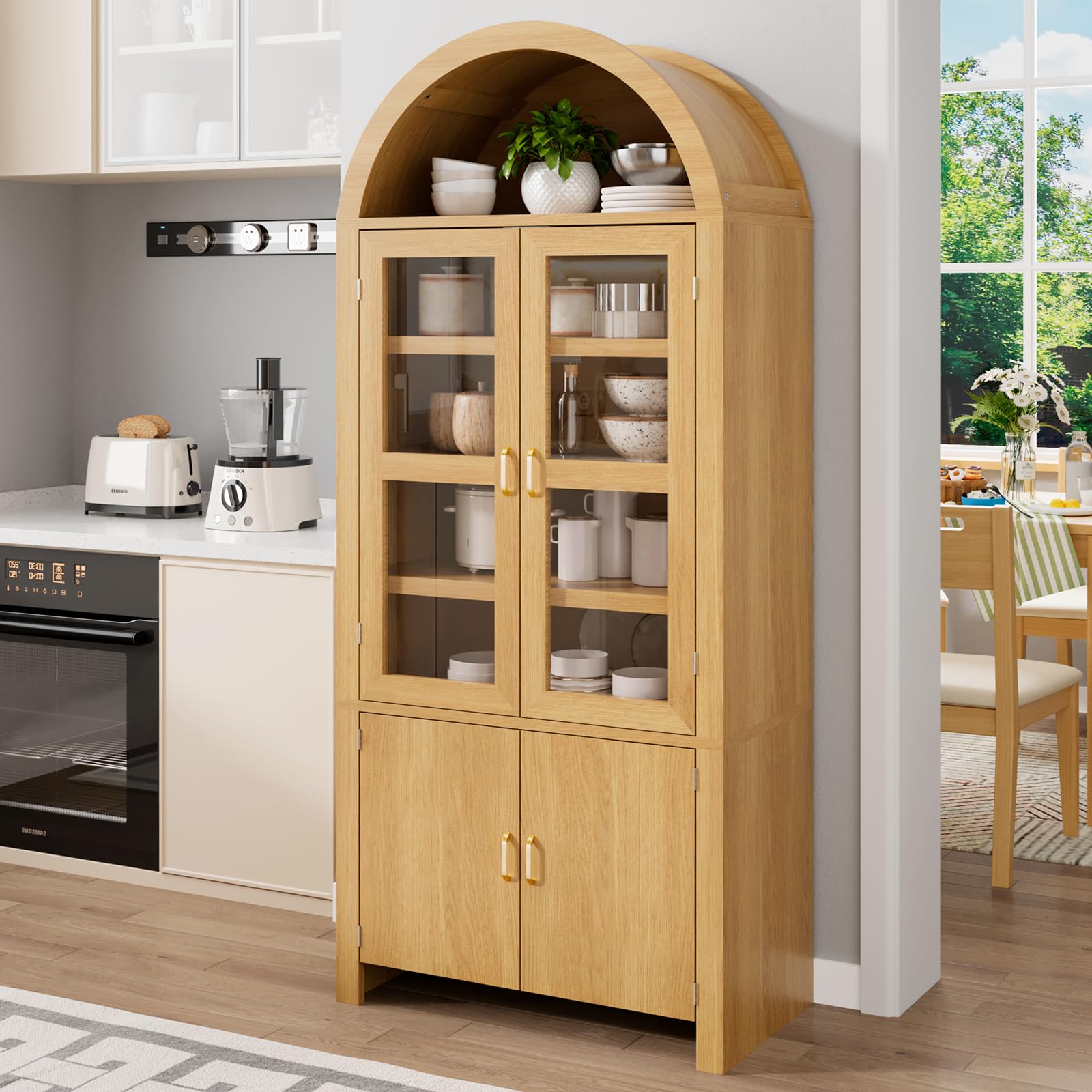 Breezestival 71" Tall Arched Kitchen Pantry Cabinet, Modern Farmhouse Wood Kitchens Storage Cabinets, Cupboard for Dining Room, Kitchen, Bathroom, Natural