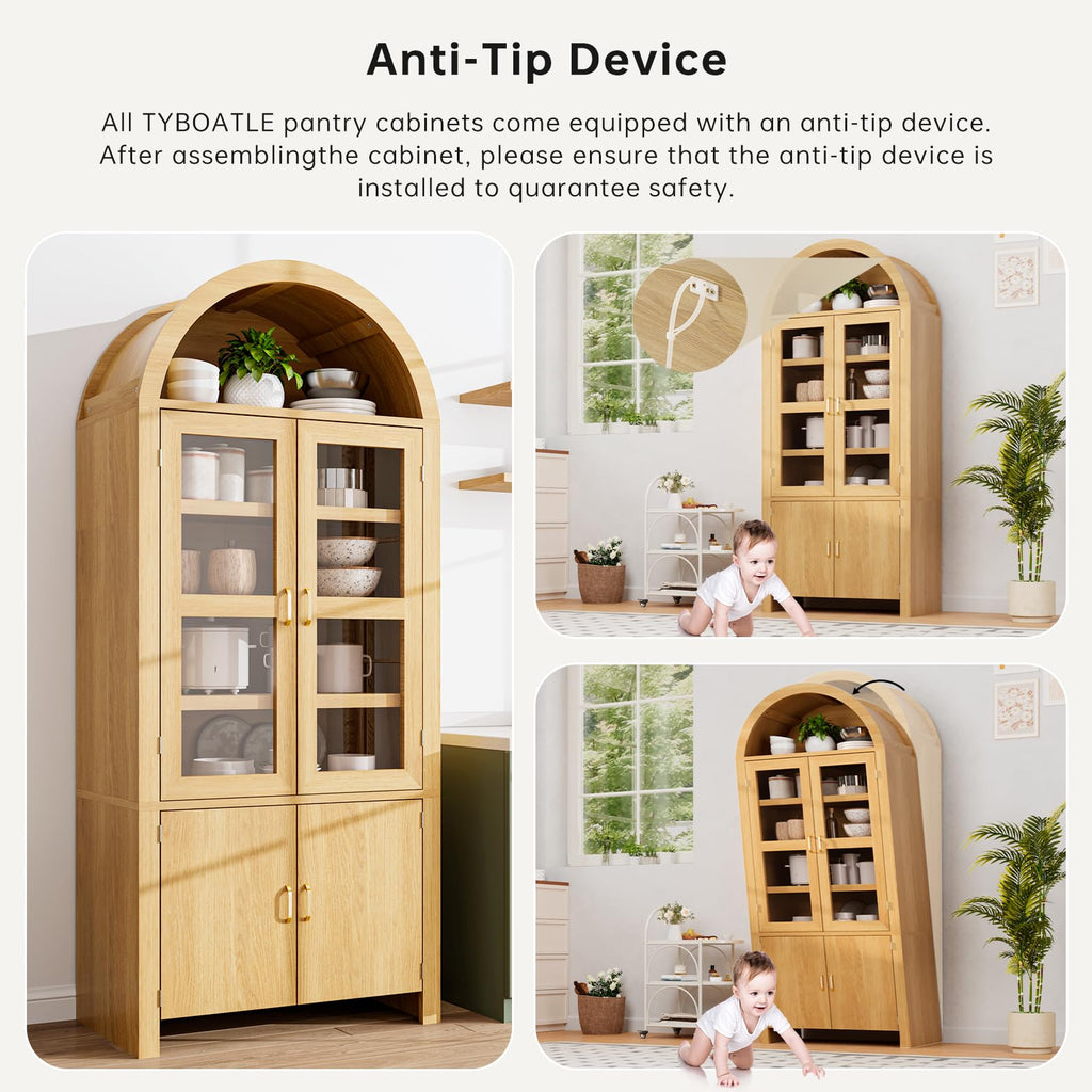 Breezestival 71" Tall Arched Kitchen Pantry Cabinet, Modern Farmhouse Wood Kitchens Storage Cabinets, Cupboard for Dining Room, Kitchen, Bathroom, Natural