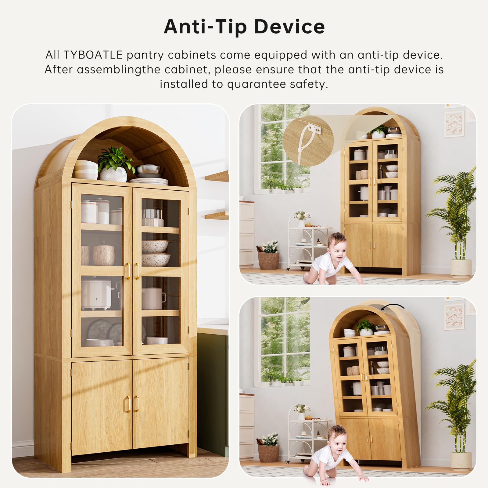Breezestival 71" Tall Arched Kitchen Pantry Cabinet, Modern Farmhouse Wood Kitchens Storage Cabinets, Cupboard for Dining Room, Kitchen, Bathroom, Natural
