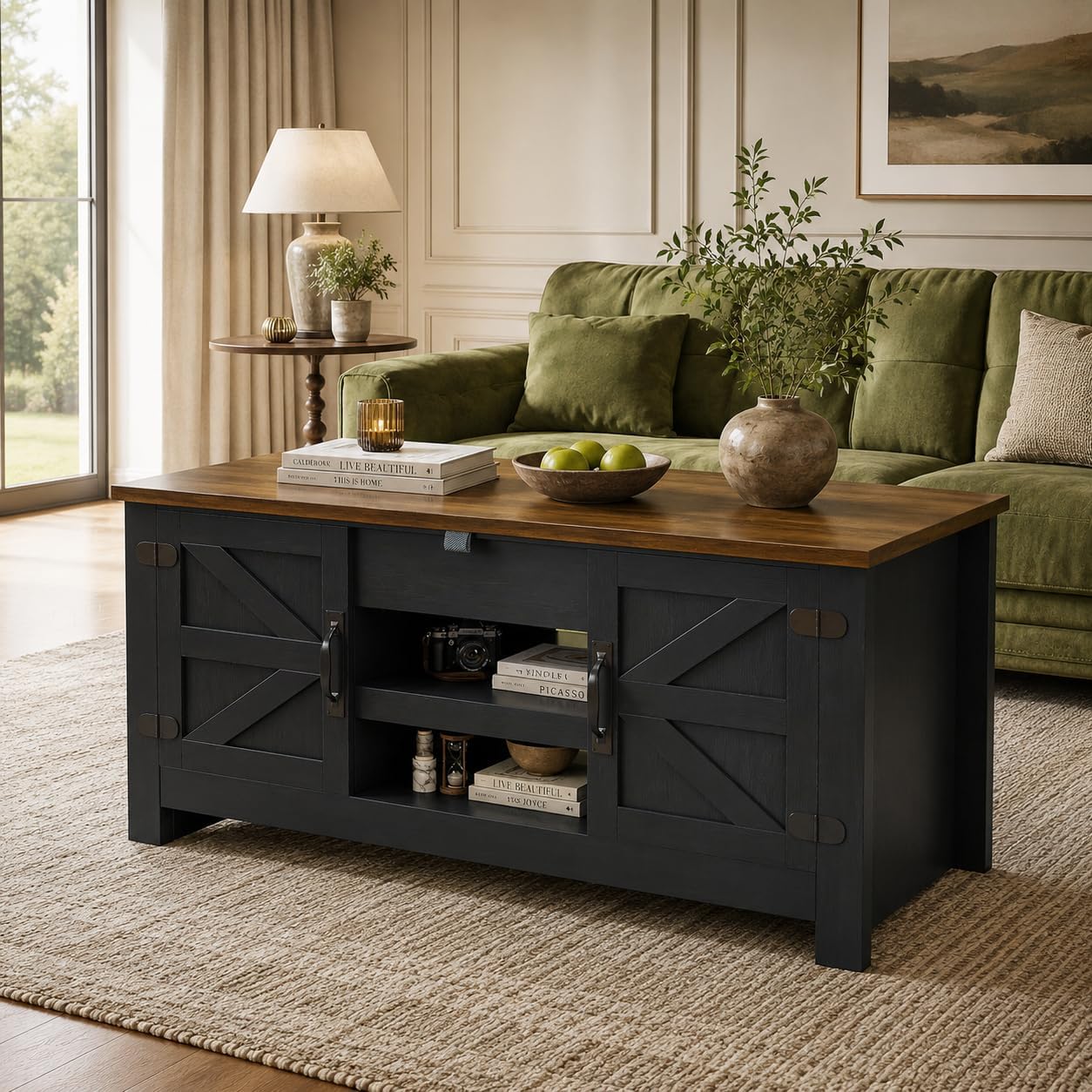 Farmhouse Lift Top Coffee Table with Barn Door, 48” Rustic Center Table for Living Room, Coffee Table with Hidden Storage Compartment, Black