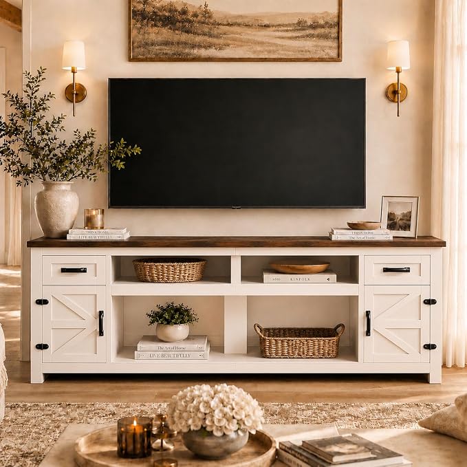 DATEYES Fireplace TV Stand with Barn Door, Farmhouse Entertainment Center with Fireplace, TV Console for Living Room