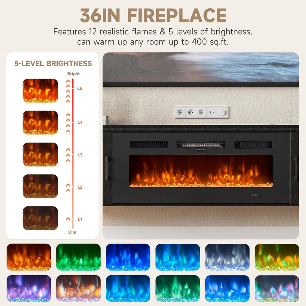 Nordivale 80" Floating TV Stand with 36" Electric Fireplace, Wall Mounted Fireplace Entertainment Center with Storage for TVs Up to 90",Fireplace TV Stand for Living Room，Brown&Black