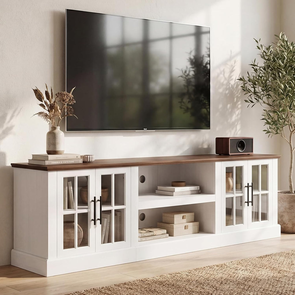 Breezestival 90 Inch Farmhouse TV Stand for TVs up to 100", Media Entertainment Center with Adjustable Shelves and Large Storage Cabinets, for Living Room, White