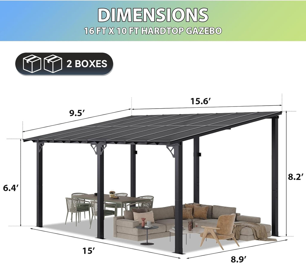 Aoxun 16’x 10’ Premium Gazebo with Aluminum Top Frame & Polycarbonate Panel, Wall Mounted Gazebos Pergola, Outdoor Patio Lean to Gazebo, Awnings with Sloped Roof, for Backyard, Porch, Deck, Black