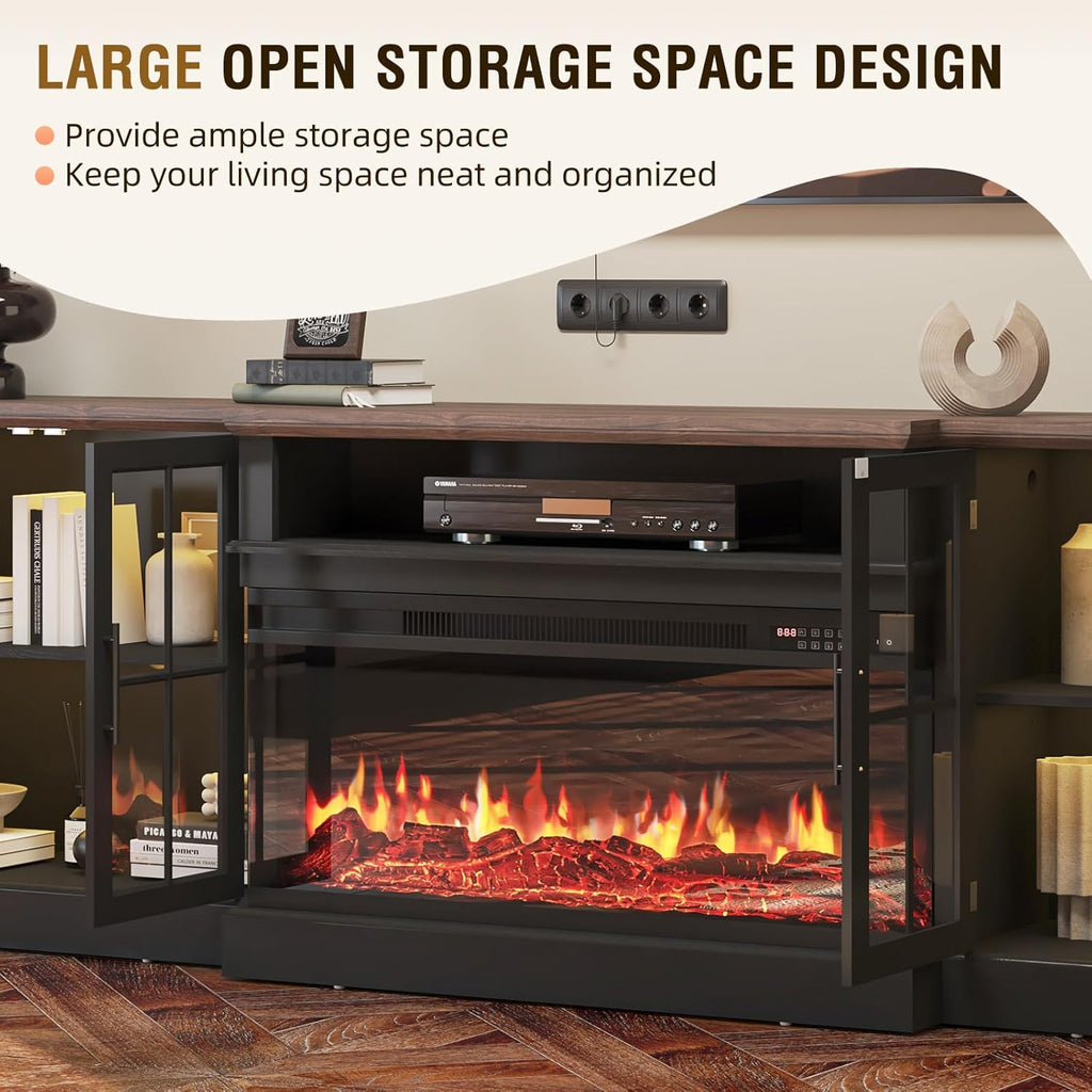 Nordivale 98" Farmhouse Fireplace TV Stand,TV Console with 36" Fireplace for TVs up to 100", Entertainment Center with Adjustable Shelves and Large Storage Cabinets for Living Room, Black & Black