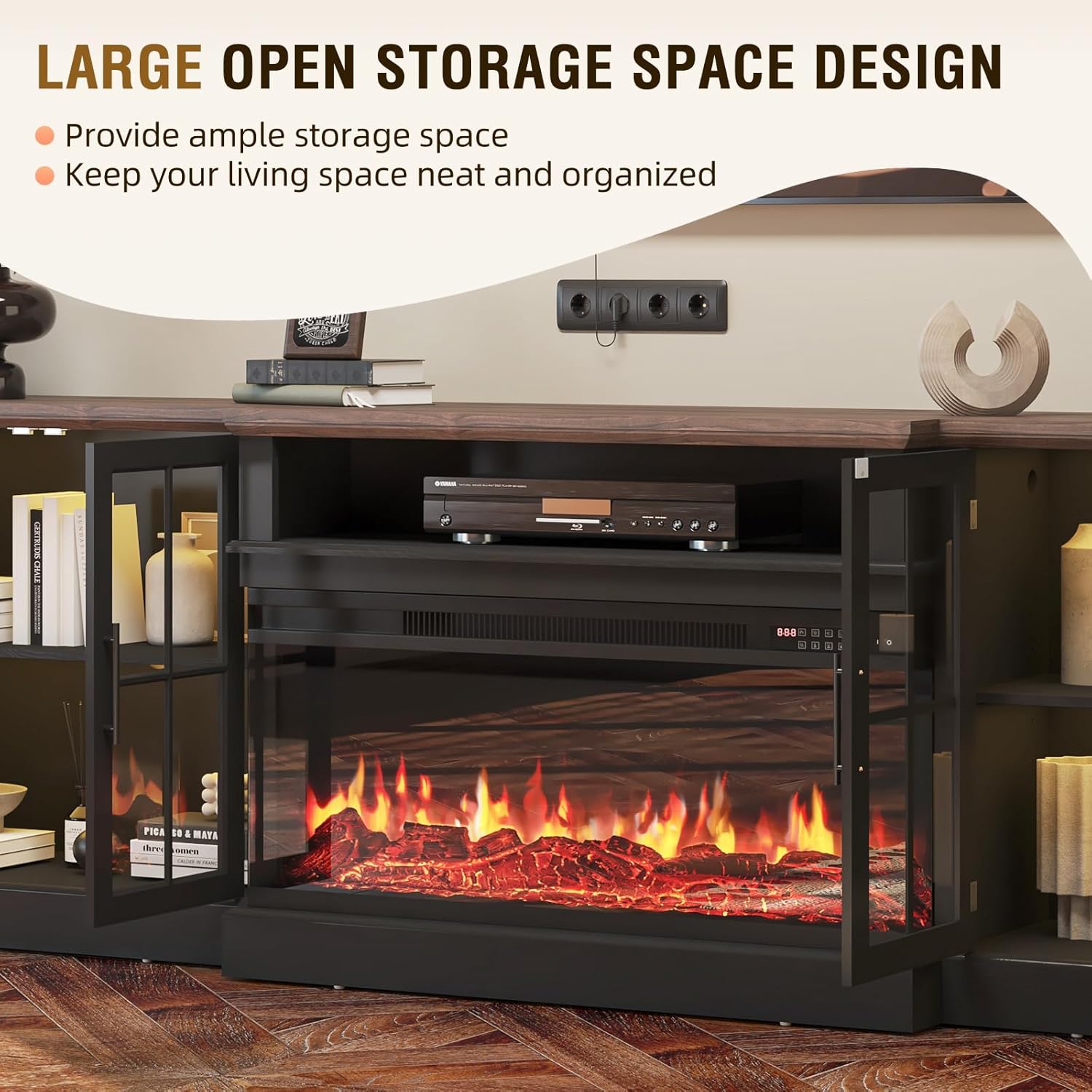 Nordivale 98 Inch Farmhouse TV Stand with 36" Fireplace for TVs up to 100", Media Entertainment Center with Adjustable Shelves and Large Storage Cabinets,Fireplace TV Stand for Living Room, Black