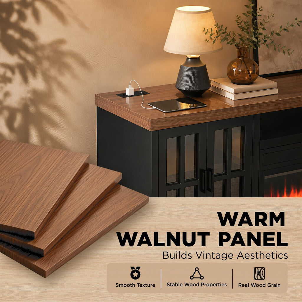 Aldercliff 98" Solid Wood Fireplace TV Stand, Entertainment Center with 40" WI-FI Electric Fireplace,Modern TV Media Console with Tempered Glass Doors for Living Room, Black