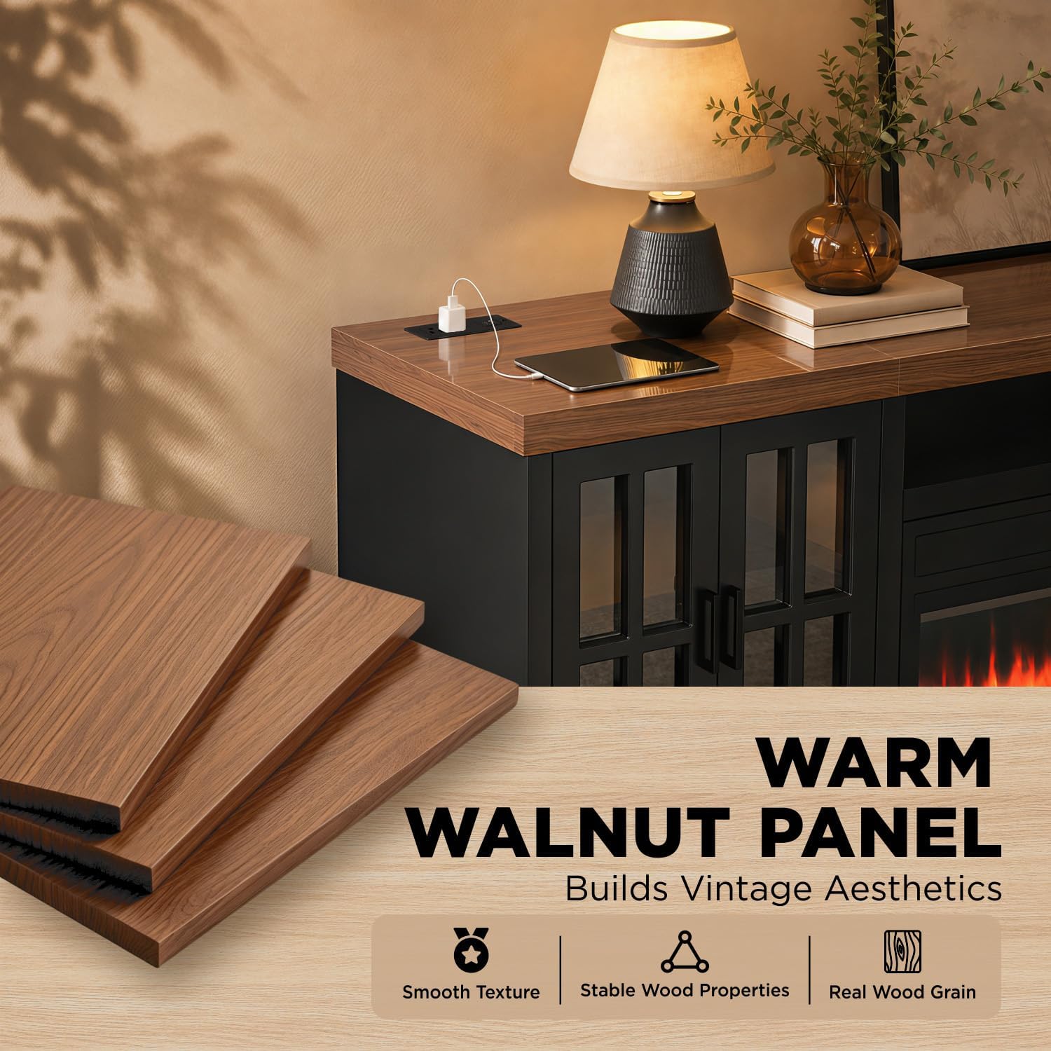 Aldercliff 98" Solid Wood Fireplace TV Stand, Entertainment Center with 40" WI-FI Electric Fireplace,Modern TV Media Console with Tempered Glass Doors for Living Room, Black
