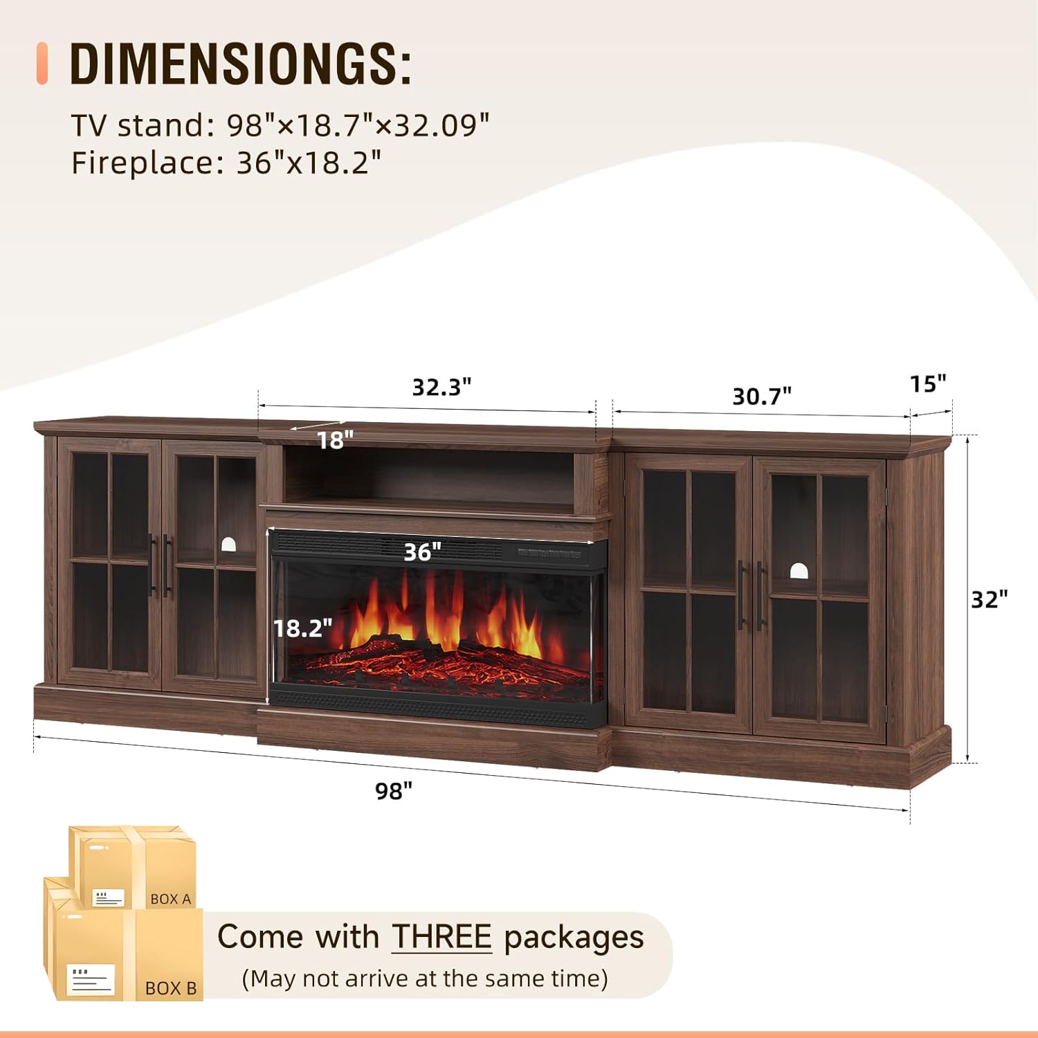 Nordivale 98 Inch Farmhouse TV Stand with 36" Fireplace for TVs up to 100", Media Entertainment Center with Adjustable Shelves and Large Storage Cabinets,Fireplace TV Stand for Living Room, Brown